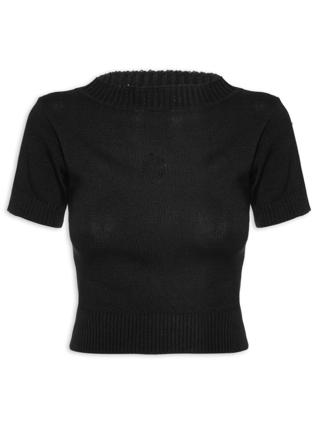 Blusa Feminina Manga Curta Gola Alta Tricot - Preto