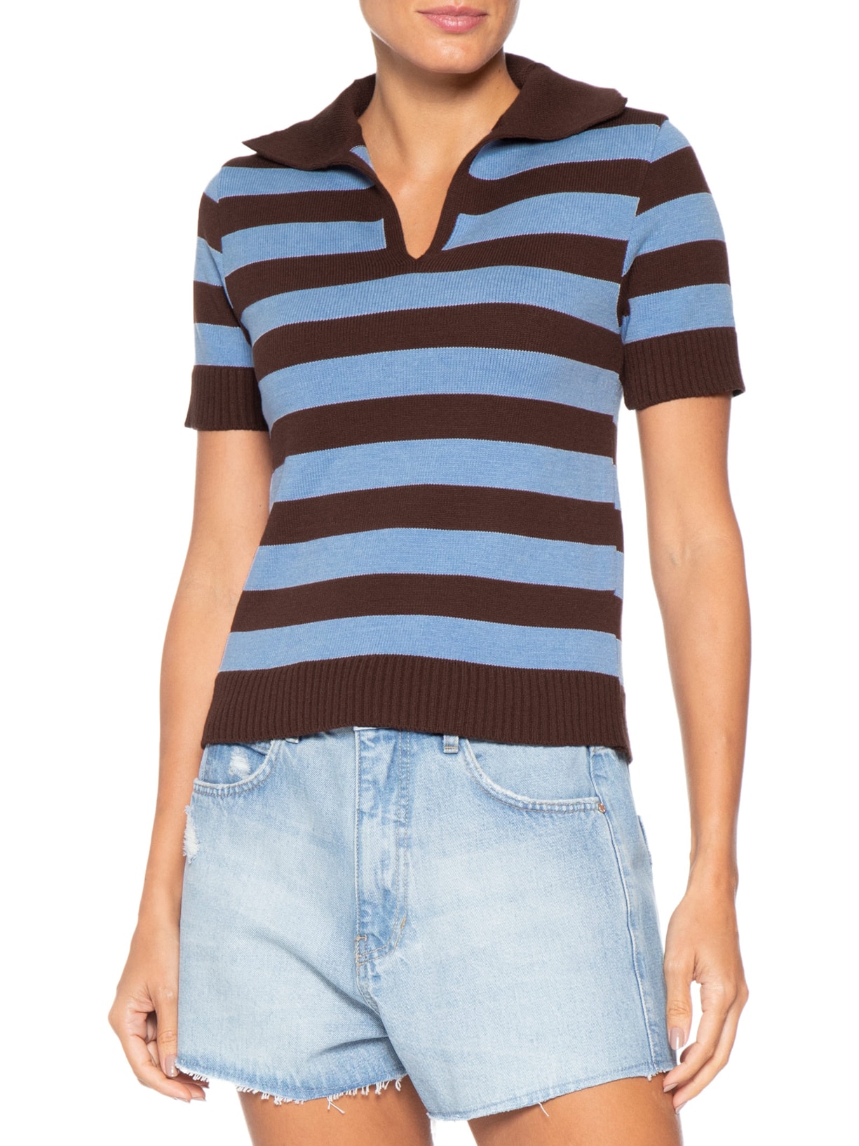 Blusa Feminina Manga Curta Listrada Em Tricot Azul Market 33