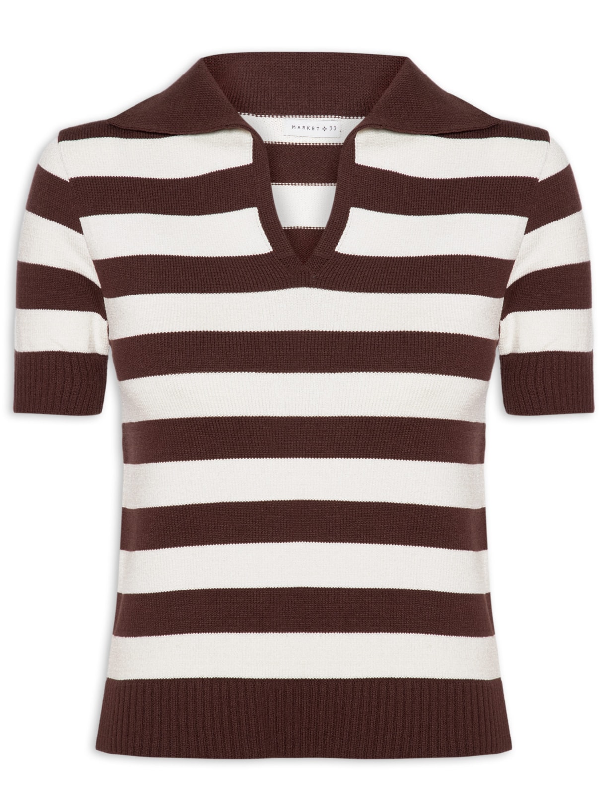 Blusa Feminina Manga Curta Listrada Em Tricot Marrom Market 33