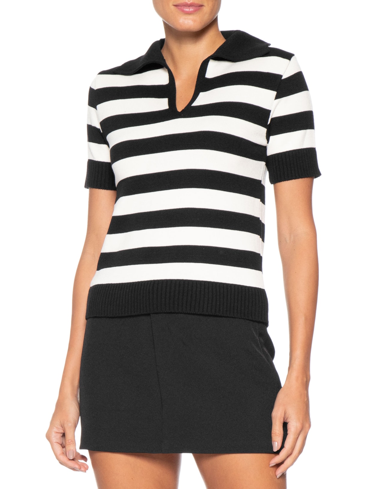 Blusa Feminina Manga Curta Listrada Em Tricot Preto Market 33