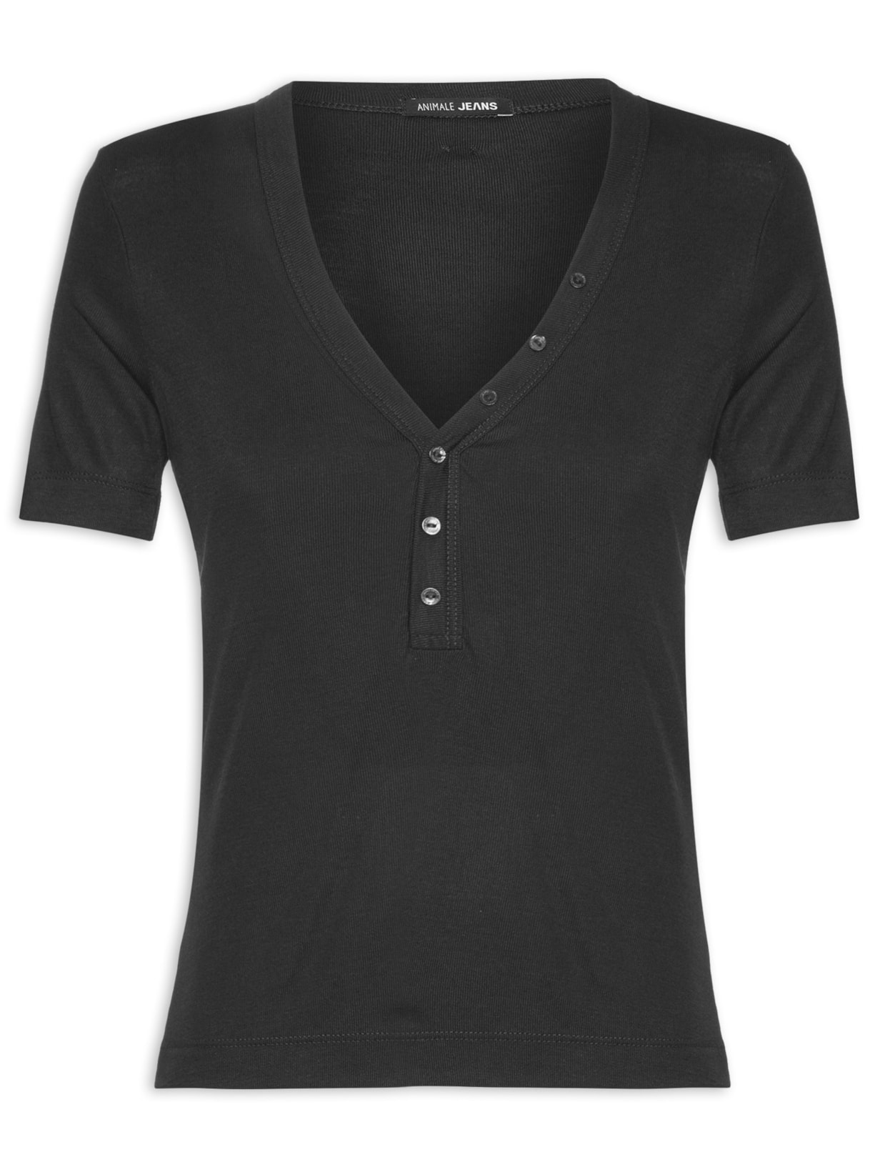 Blusa Feminina Manga Curta Ribana Botões Frontais - Preto