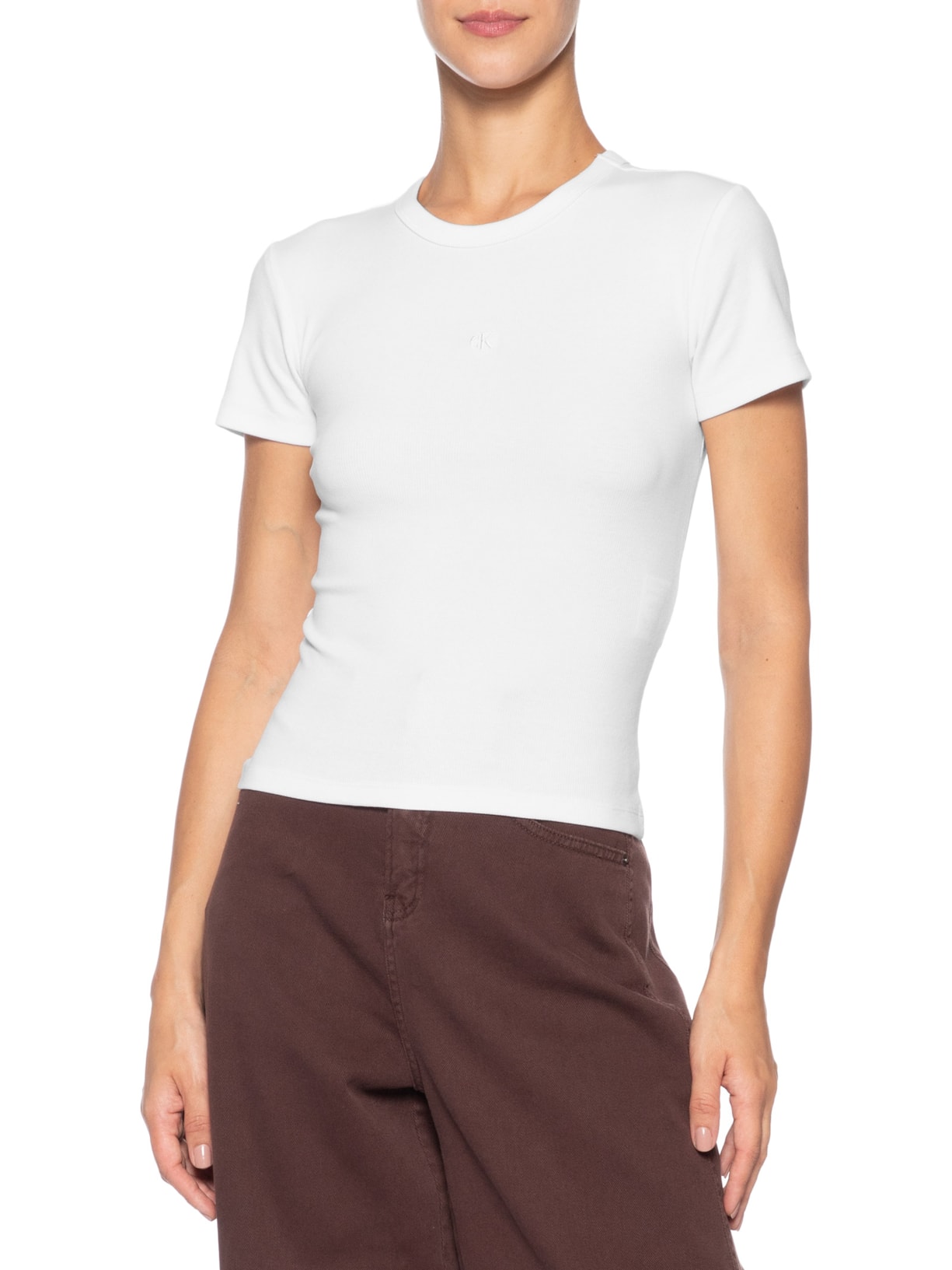 Blusa Feminina Manga Curta Ribana Decote Careca Branco Calvin Klein Jeans