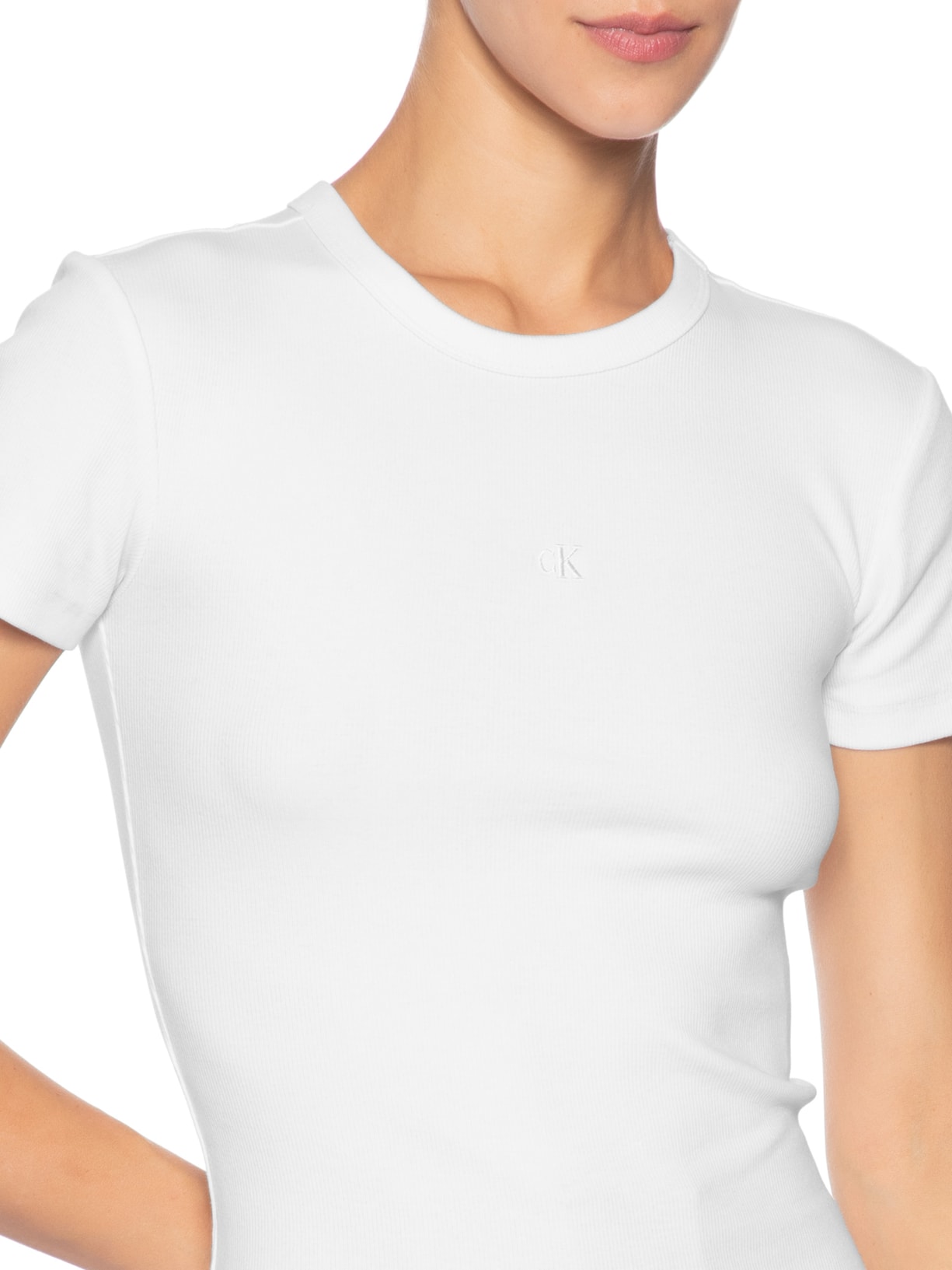 Blusa Feminina Manga Curta Ribana Decote Careca Branco Calvin Klein Jeans