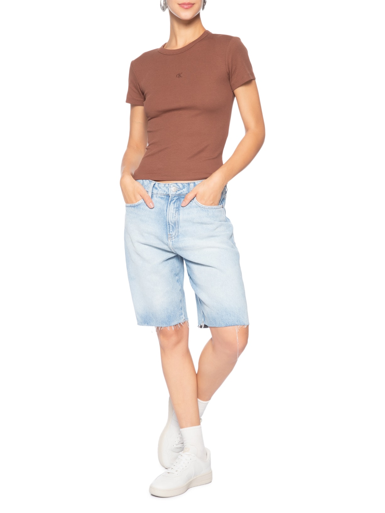 Blusa Feminina Manga Curta Ribana Decote Careca Marrom Calvin Klein Jeans