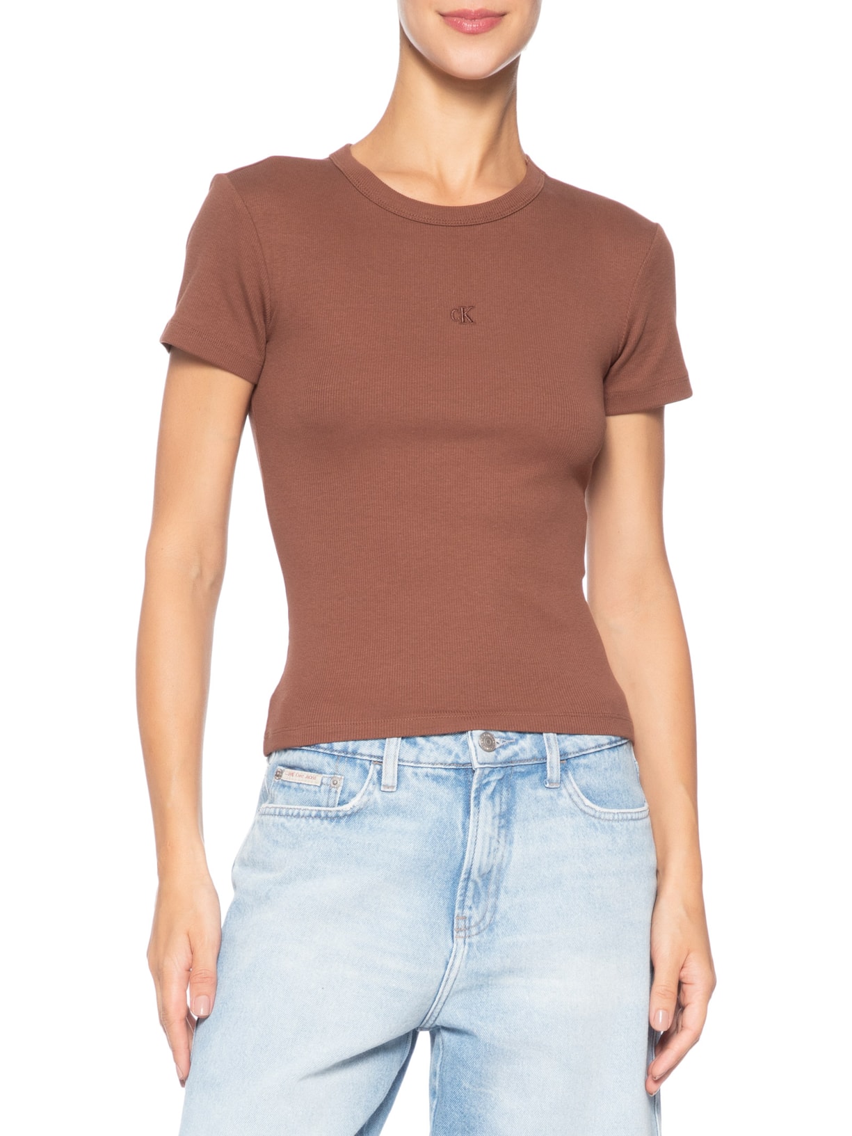 Blusa Feminina Manga Curta Ribana Decote Careca Marrom Calvin Klein Jeans