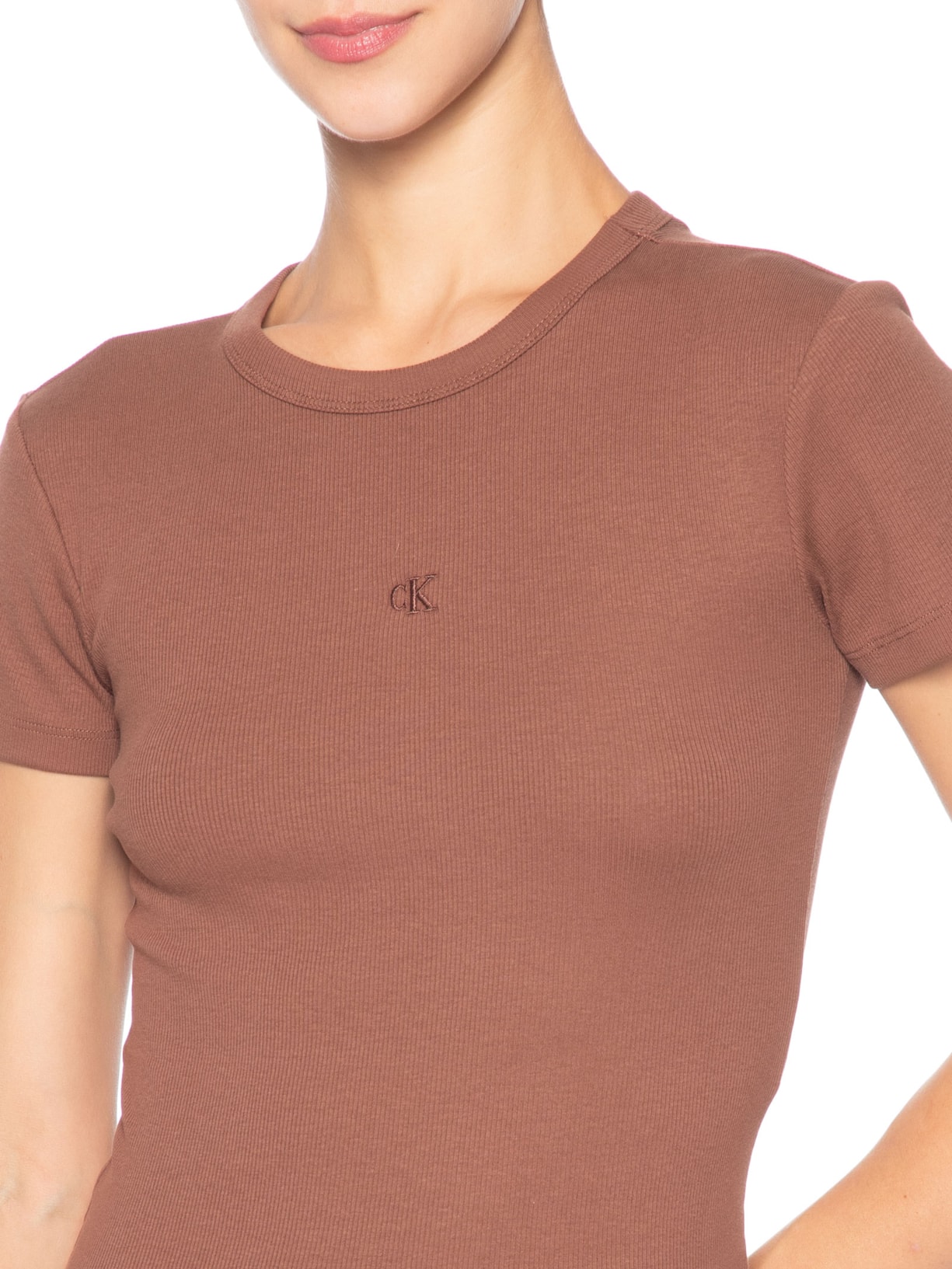 Blusa Feminina Manga Curta Ribana Decote Careca Marrom Calvin Klein Jeans