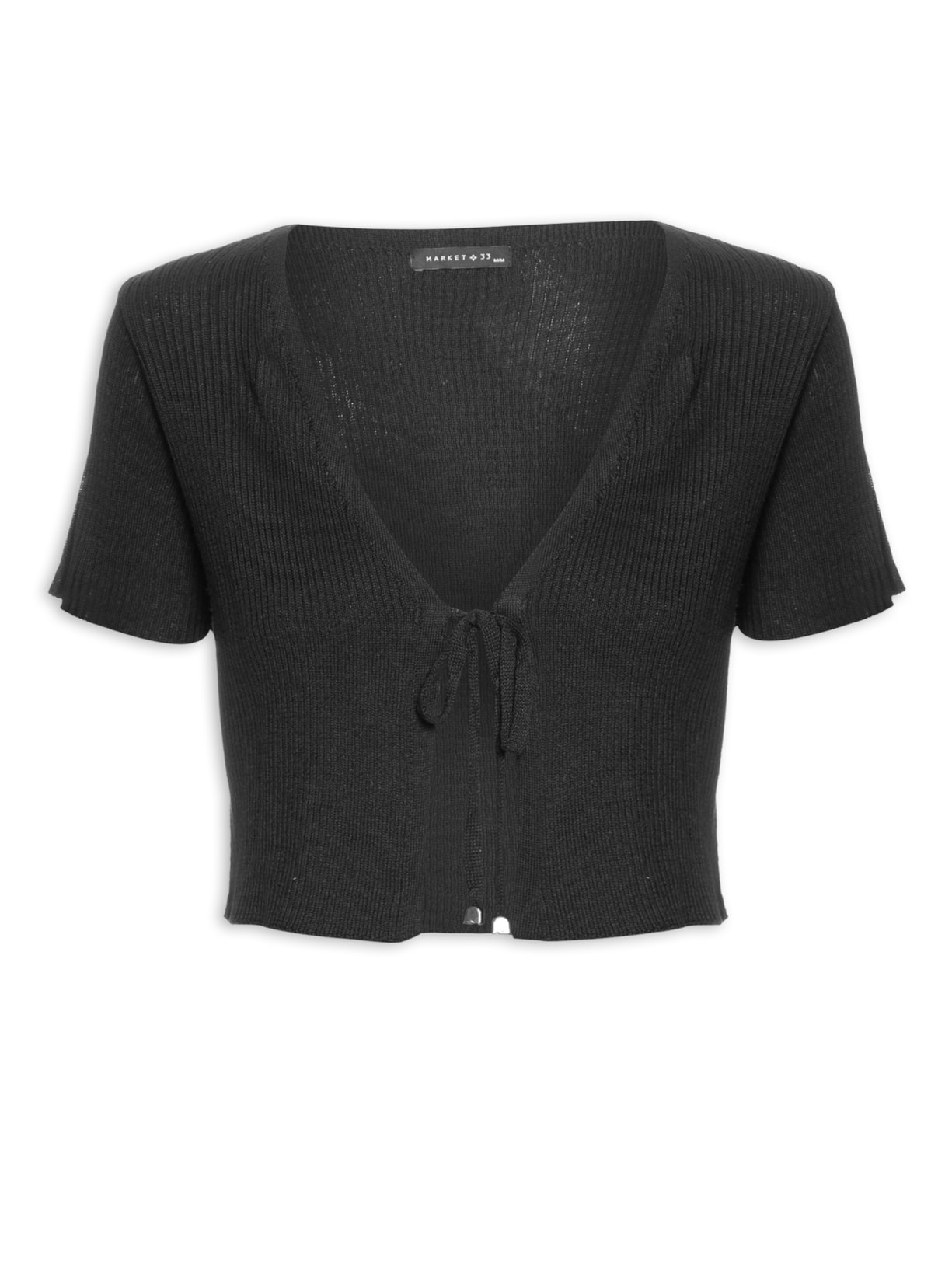 Blusa Feminina Manga Curta Tricot Com Amarração Central - Preto