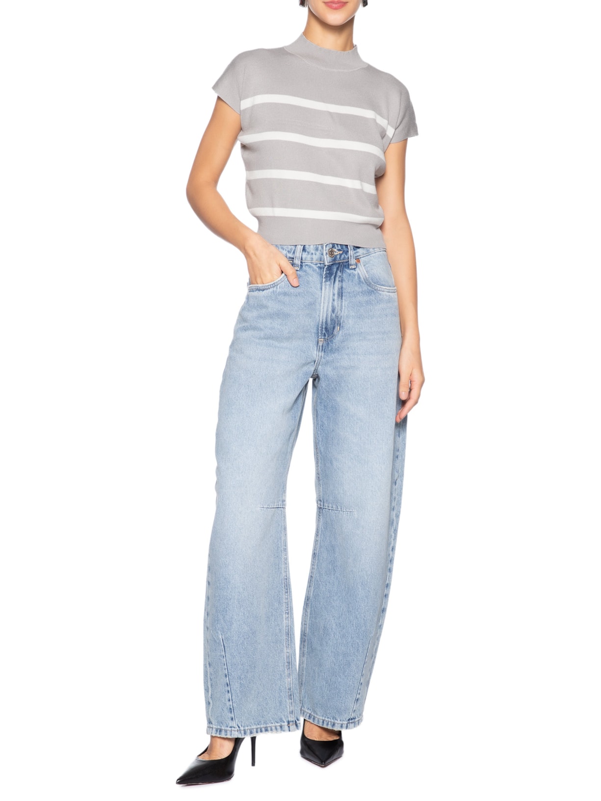 Blusa Feminina Manga Japonesa Em Tricot Cinza '2Essential