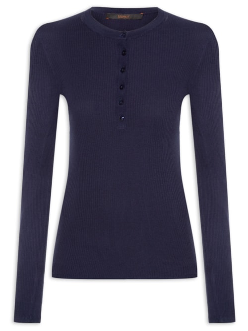 Blusa Feminina Manga Longa Caneado Botão - Azul