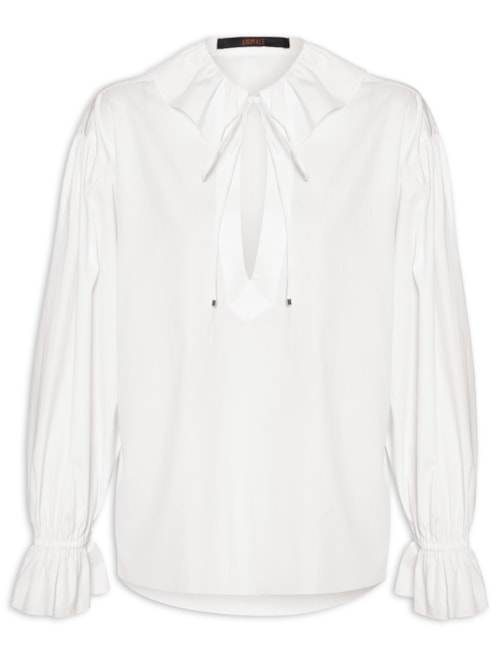 Blusa Feminina Manga Longa Com Babado No Decote - Off White