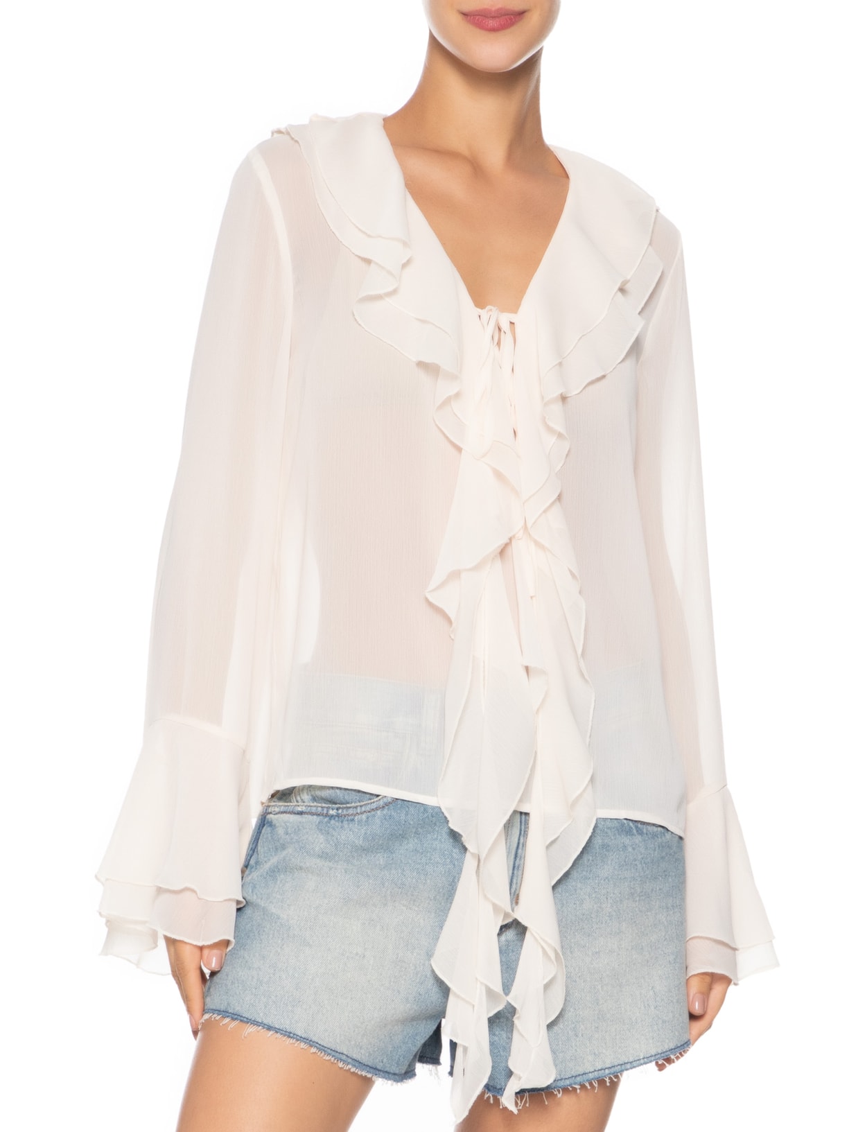 Blusa Feminina Manga Longa Com Babados Bege Market 33