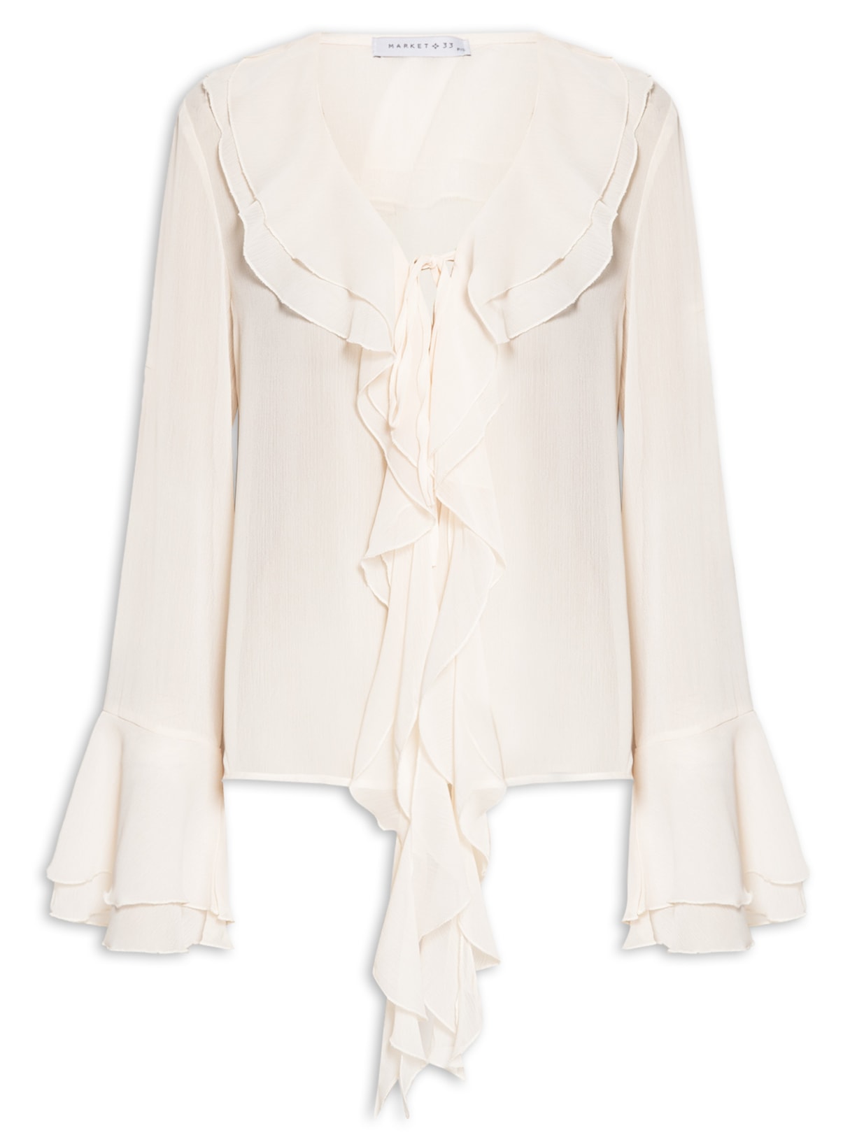 Blusa Feminina Manga Longa Com Babados Bege Market 33