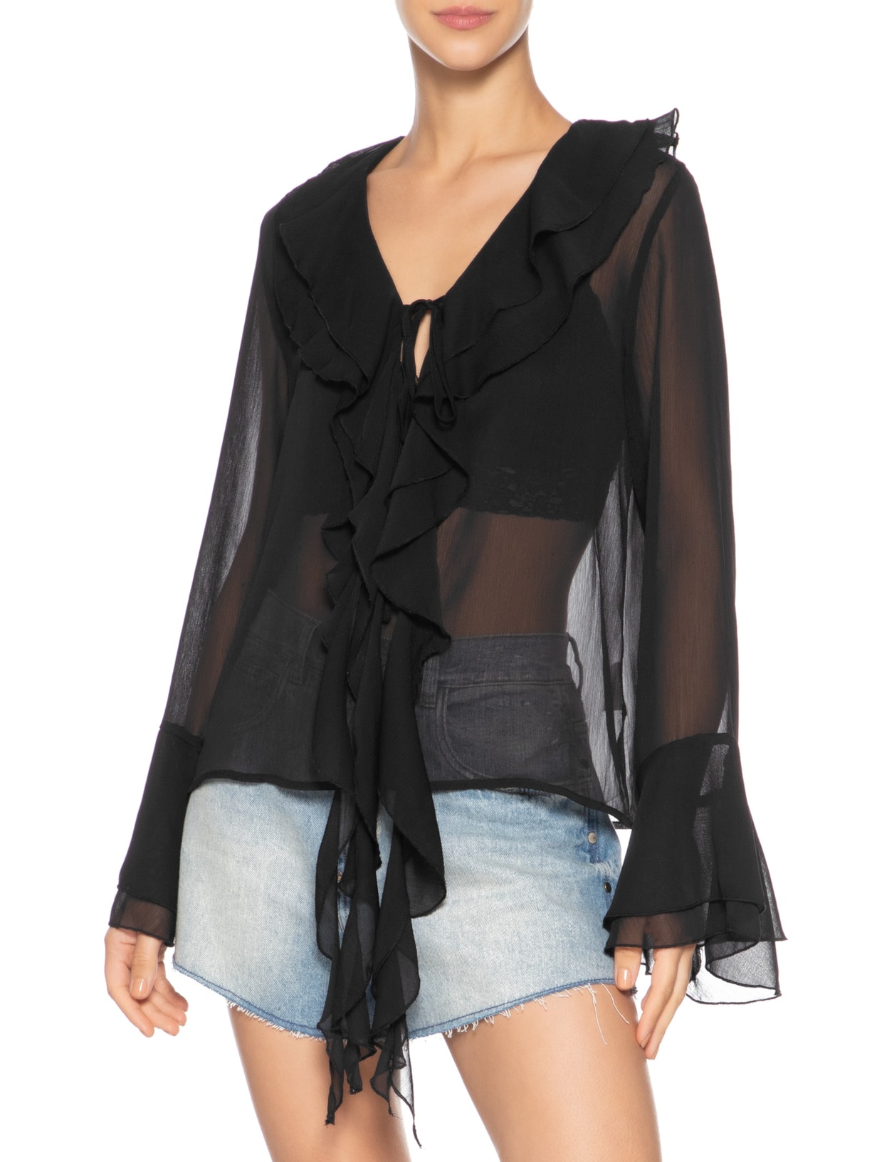 Blusa Feminina Manga Longa Com Babados Preto Market 33