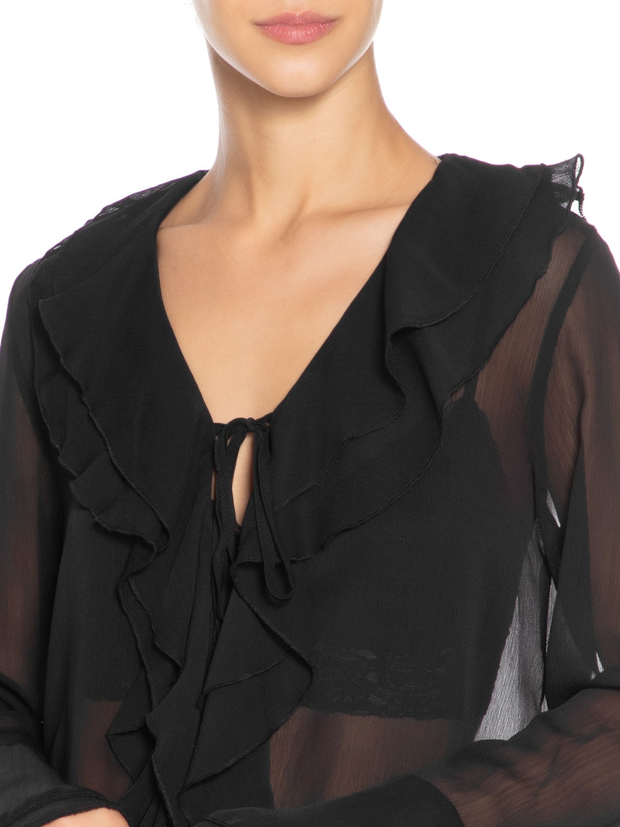 Blusa Feminina Manga Longa Com Babados Preto Market 33