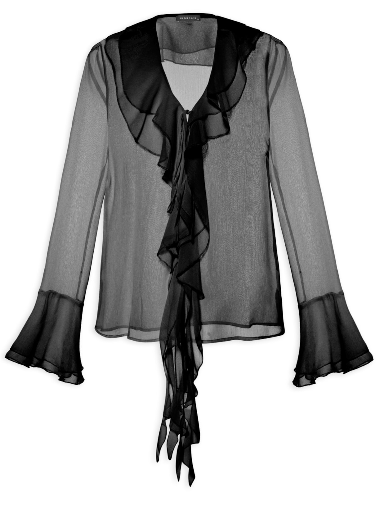 Blusa Feminina Manga Longa Com Babados - Preto