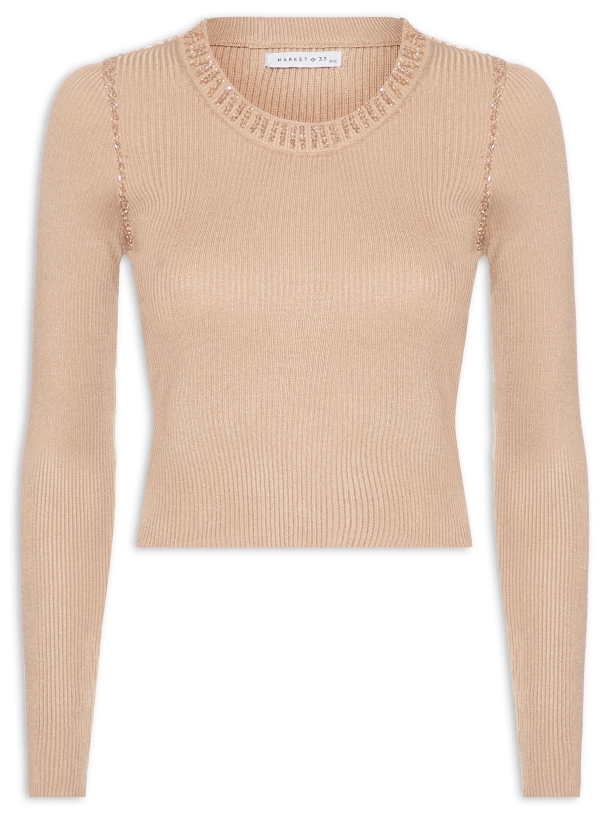 Blusa Feminina Manga Longa Com Bordados Na Gola e Cavas - Bege