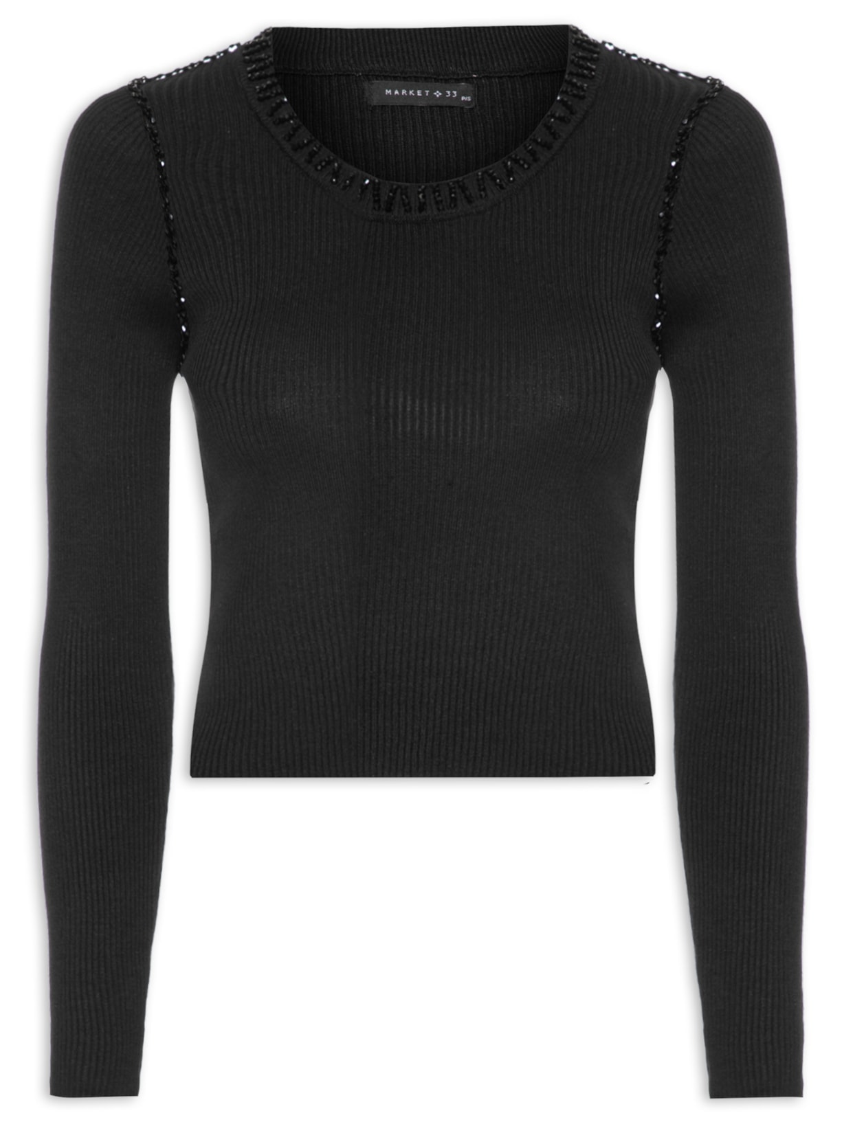 Blusa Feminina Manga Longa Com Bordados Na Gola e Cavas - Preto