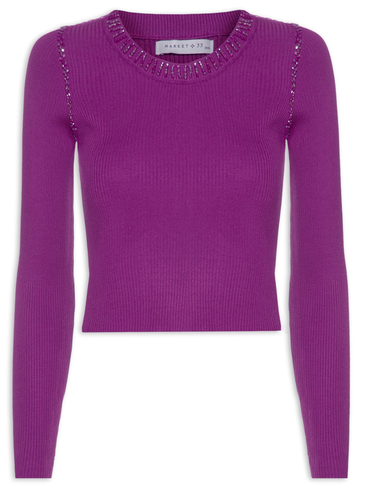 Blusa Feminina Manga Longa Com Bordados Na Gola e Cavas - Roxo