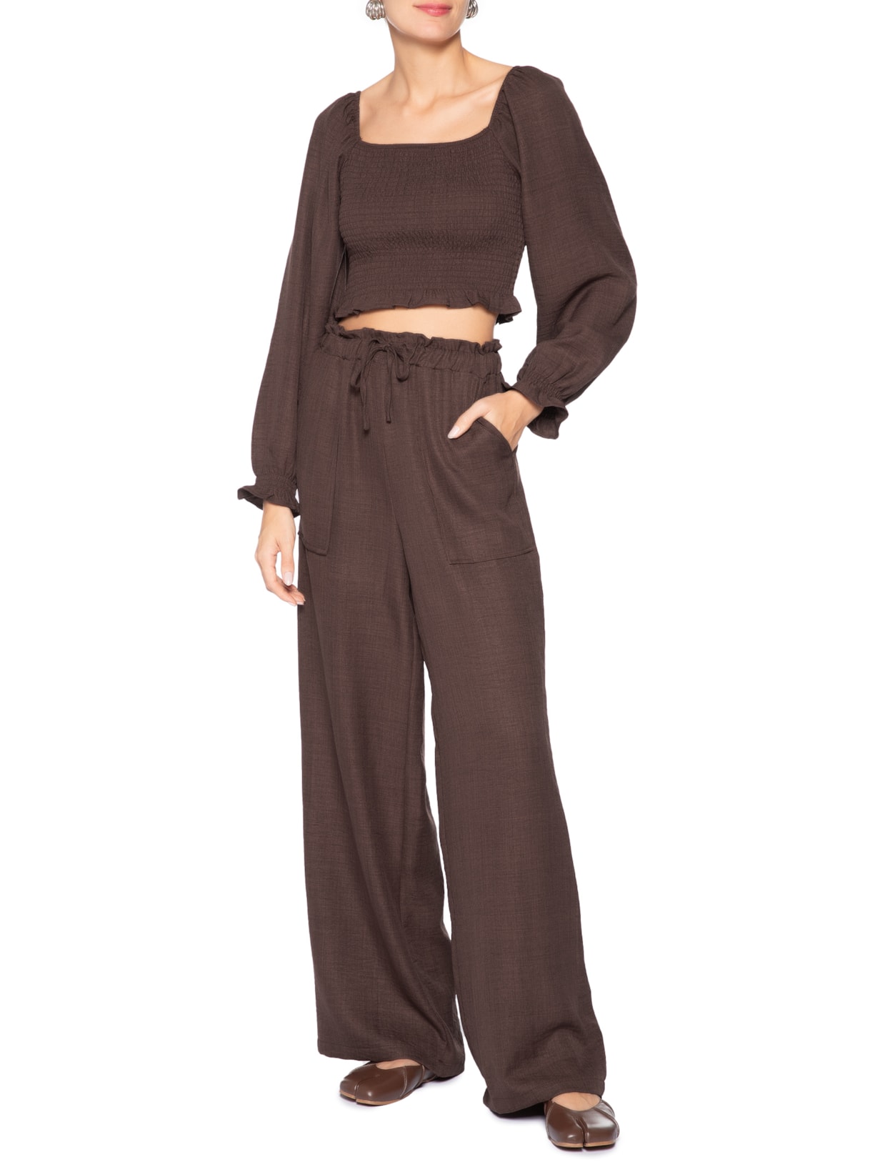 Blusa Feminina Manga Longa Com Lastex Marrom Market 33