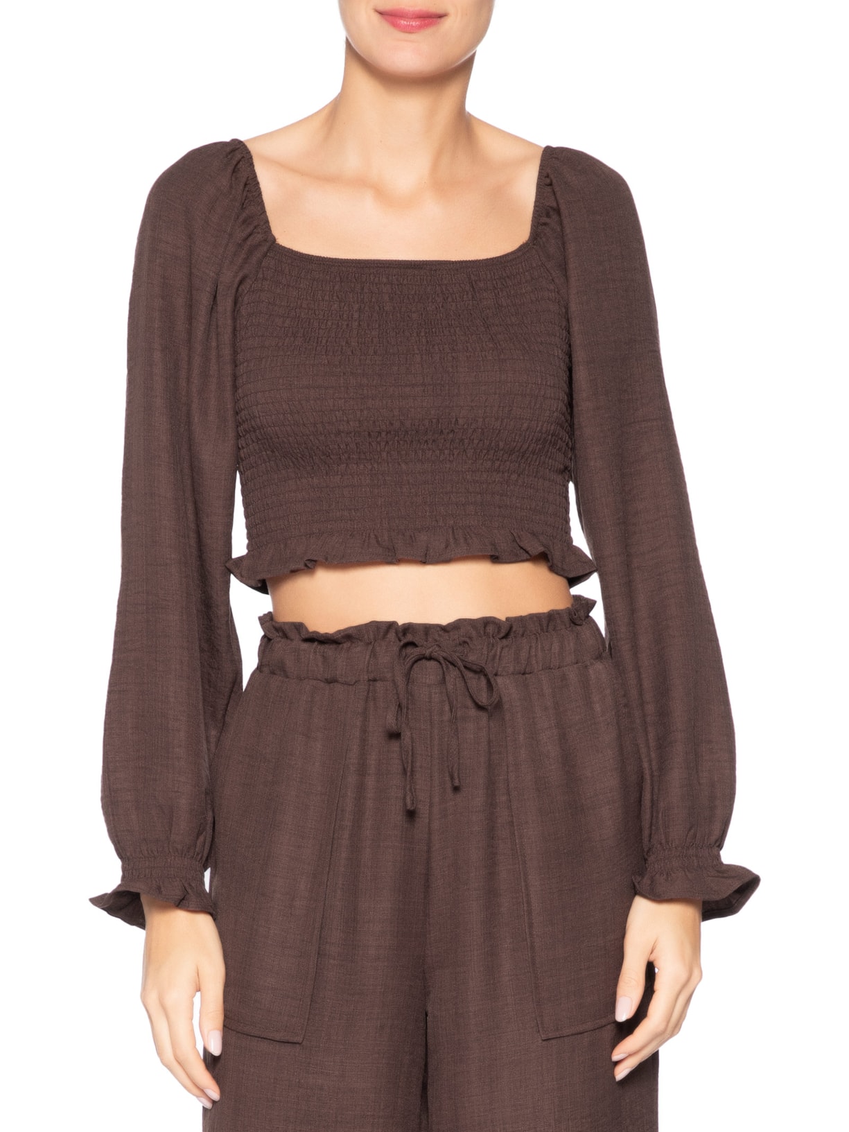 Blusa Feminina Manga Longa Com Lastex Marrom Market 33