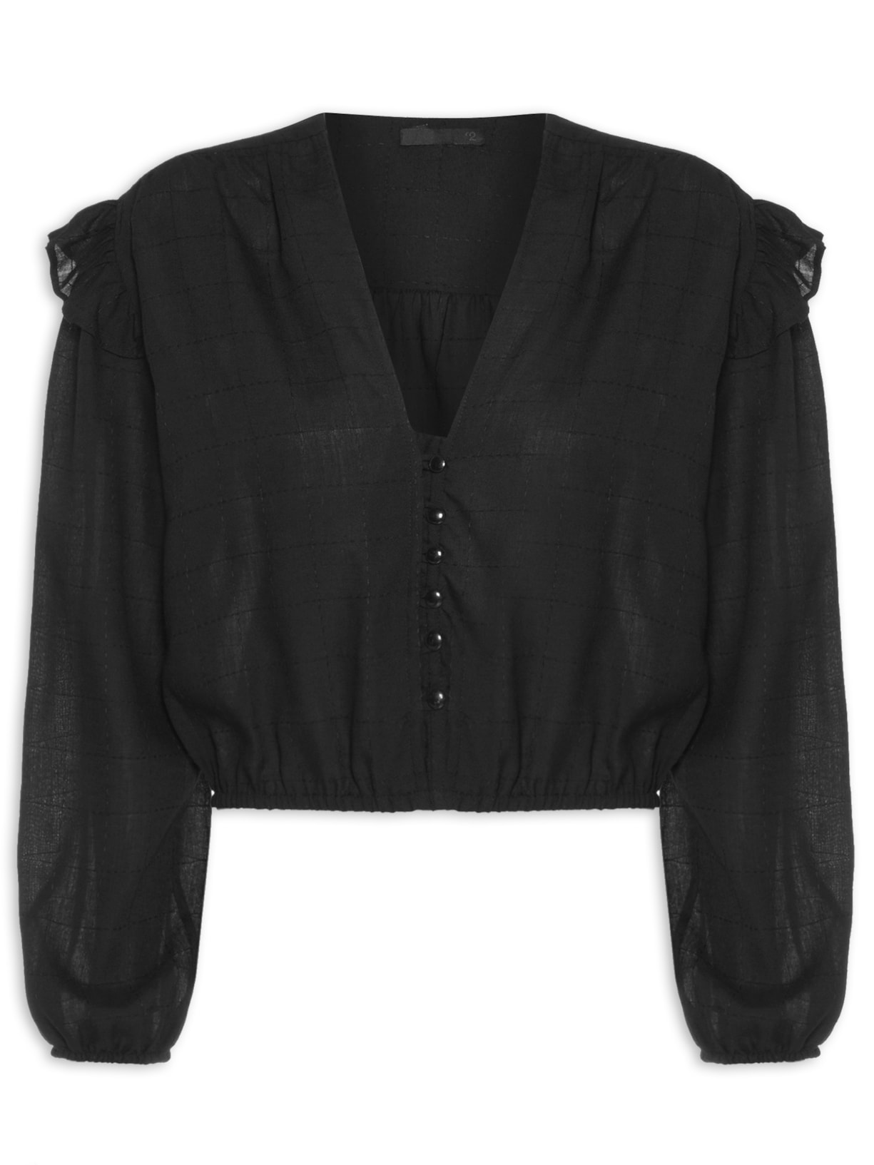 Blusa Feminina Manga Longa Cropped Decote V - Preto