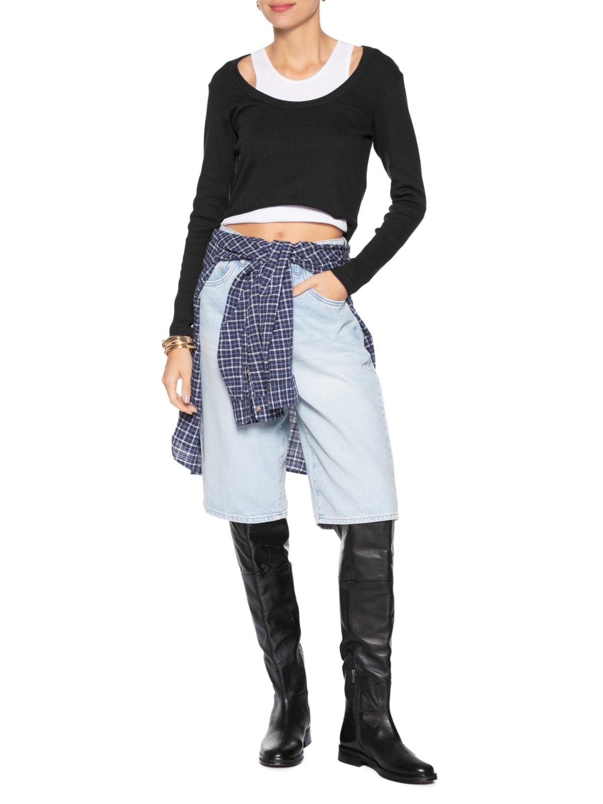 Blusa Feminina Manga Longa Decote Redondo Básica Preto Animale Jeans