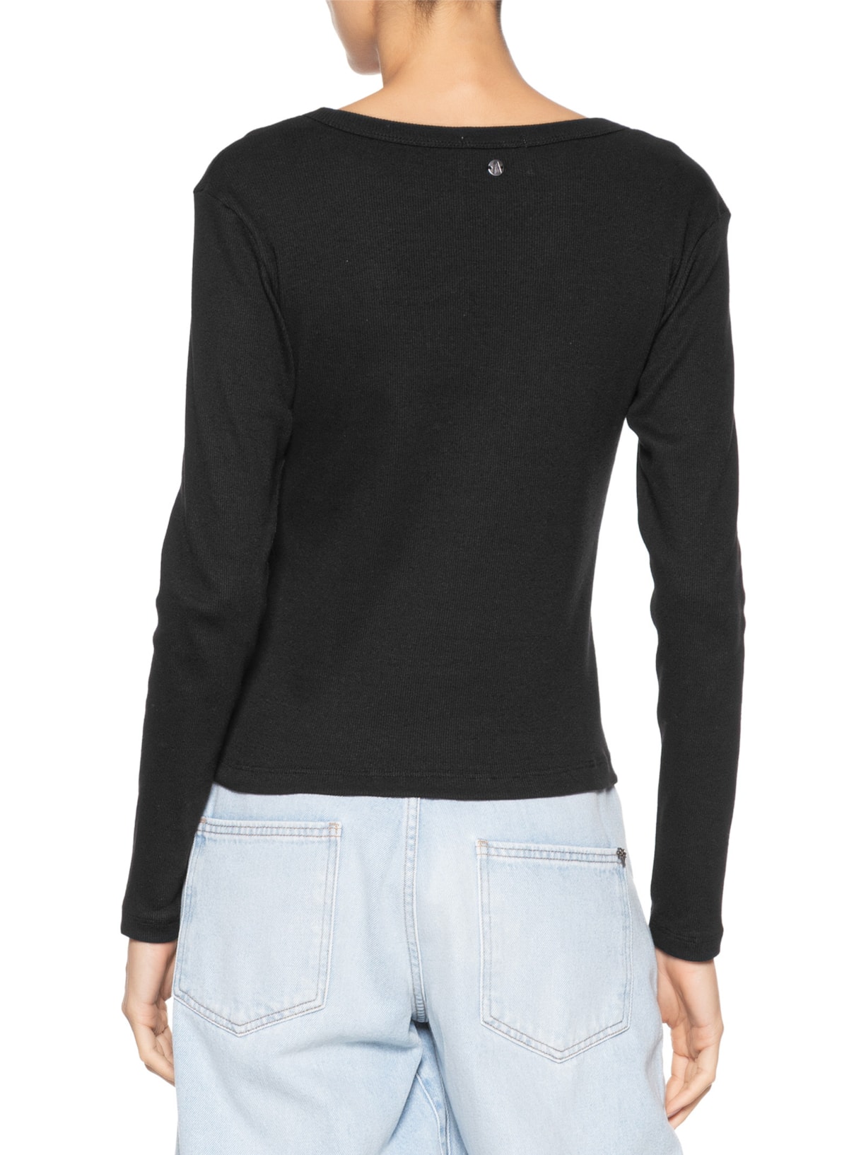 Blusa Feminina Manga Longa Decote Redondo Básica Preto Animale Jeans