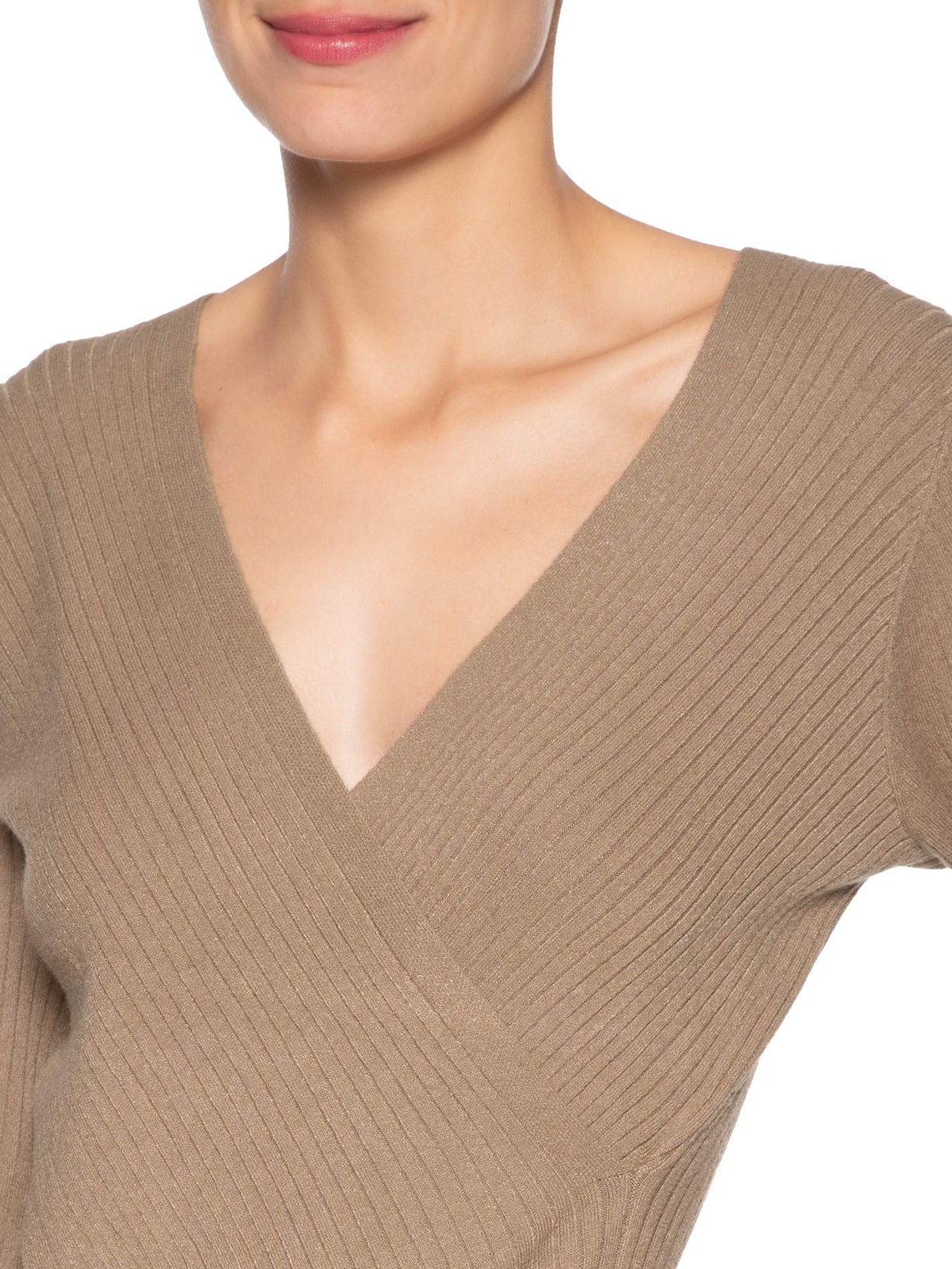 Blusa Feminina Manga Longa Decote Transpassado Bege Basiq