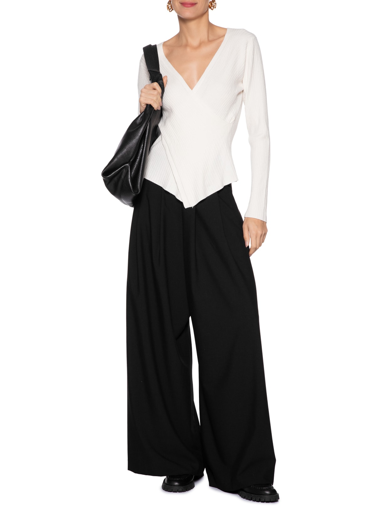 Blusa Feminina Manga Longa Decote Transpassado Off White Basiq