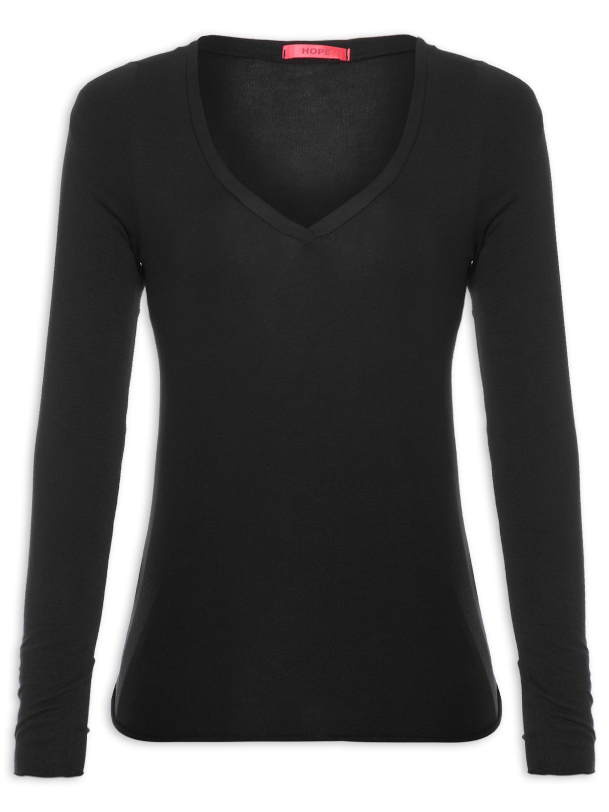 Blusa Feminina Manga Longa Decote V Segunda Pele Em Viscose Levíssima - Preto