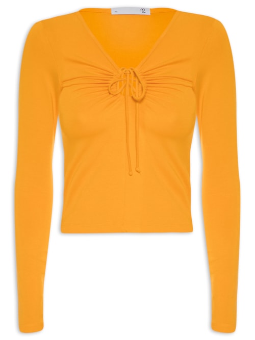 Blusa Feminina Manga Longa Em Malha Franzido - Amarelo