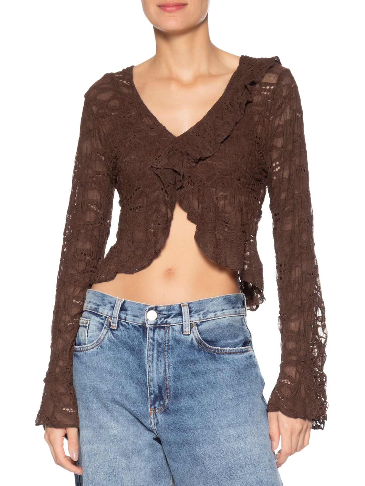 Blusa Feminina Manga Longa Em Renda Marrom Market 33