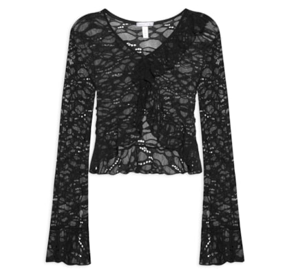 Blusa Feminina Manga Longa Em Renda - Preto