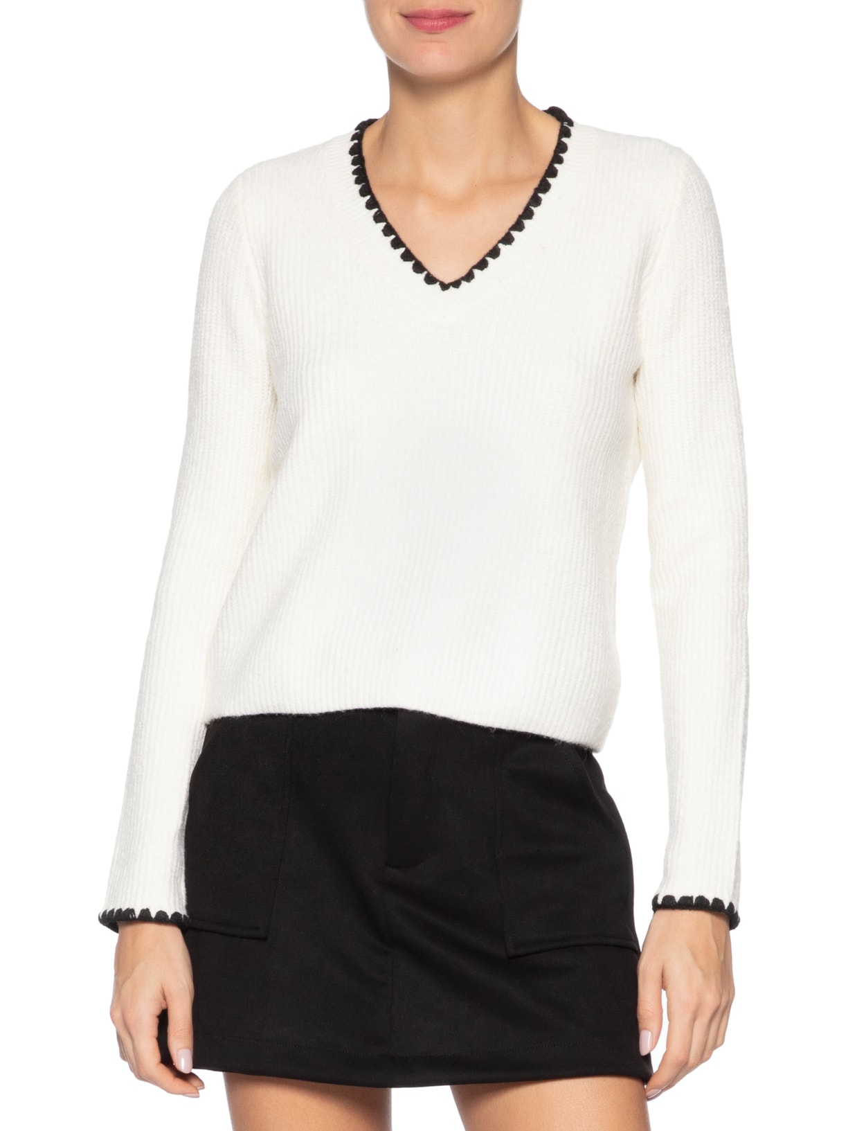 Blusa Feminina Manga Longa Em Tricot Branco Market 33