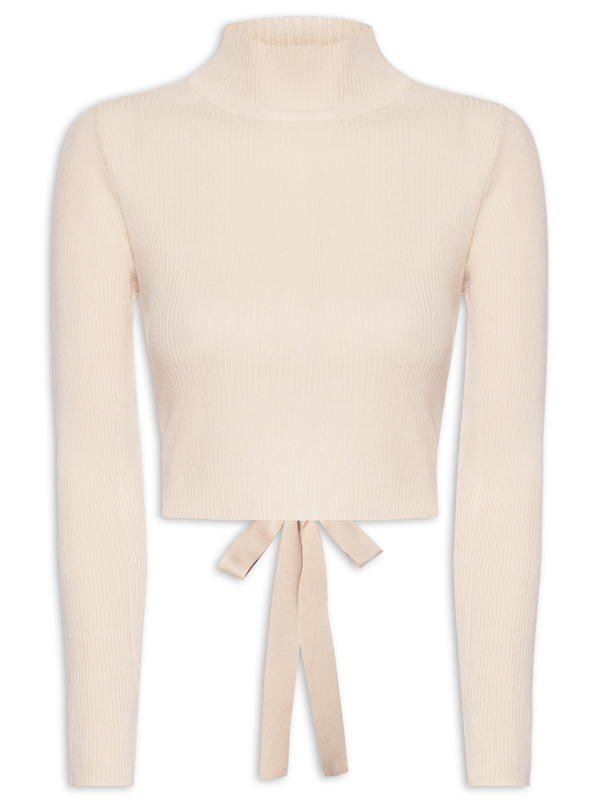 Blusa Feminina Manga Longa Em Tricot Com Abertura Nas Costas - Bege