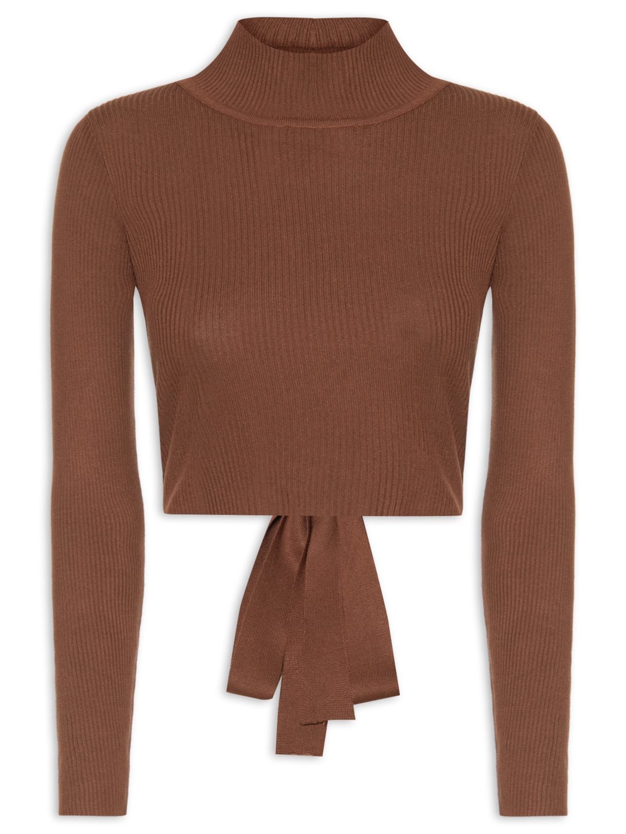 Blusa Feminina Manga Longa Em Tricot Com Abertura Nas Costas - Marrom