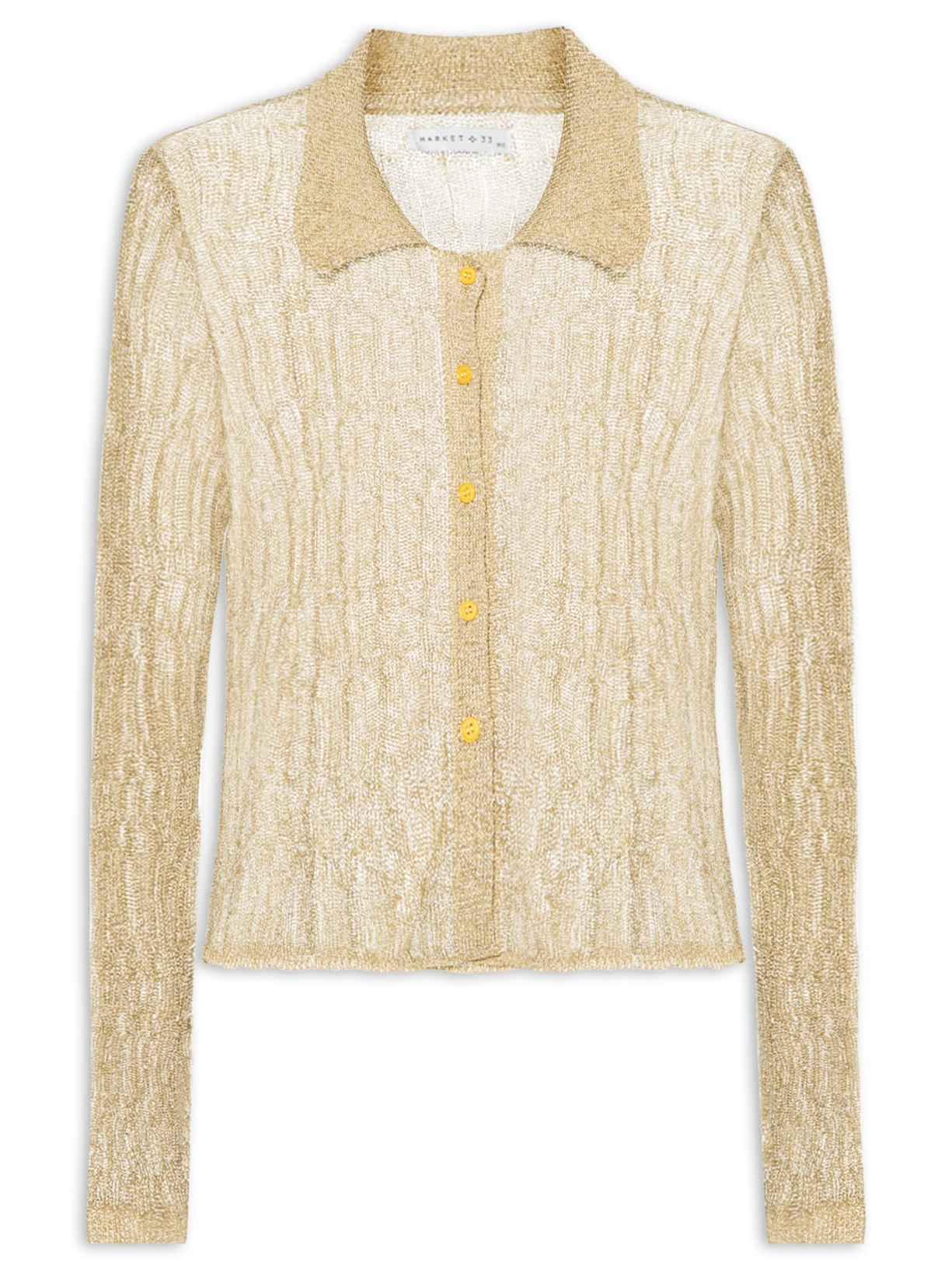 Blusa Feminina Manga Longa Em Tricot Com Abotoamento Frontal - Dourado