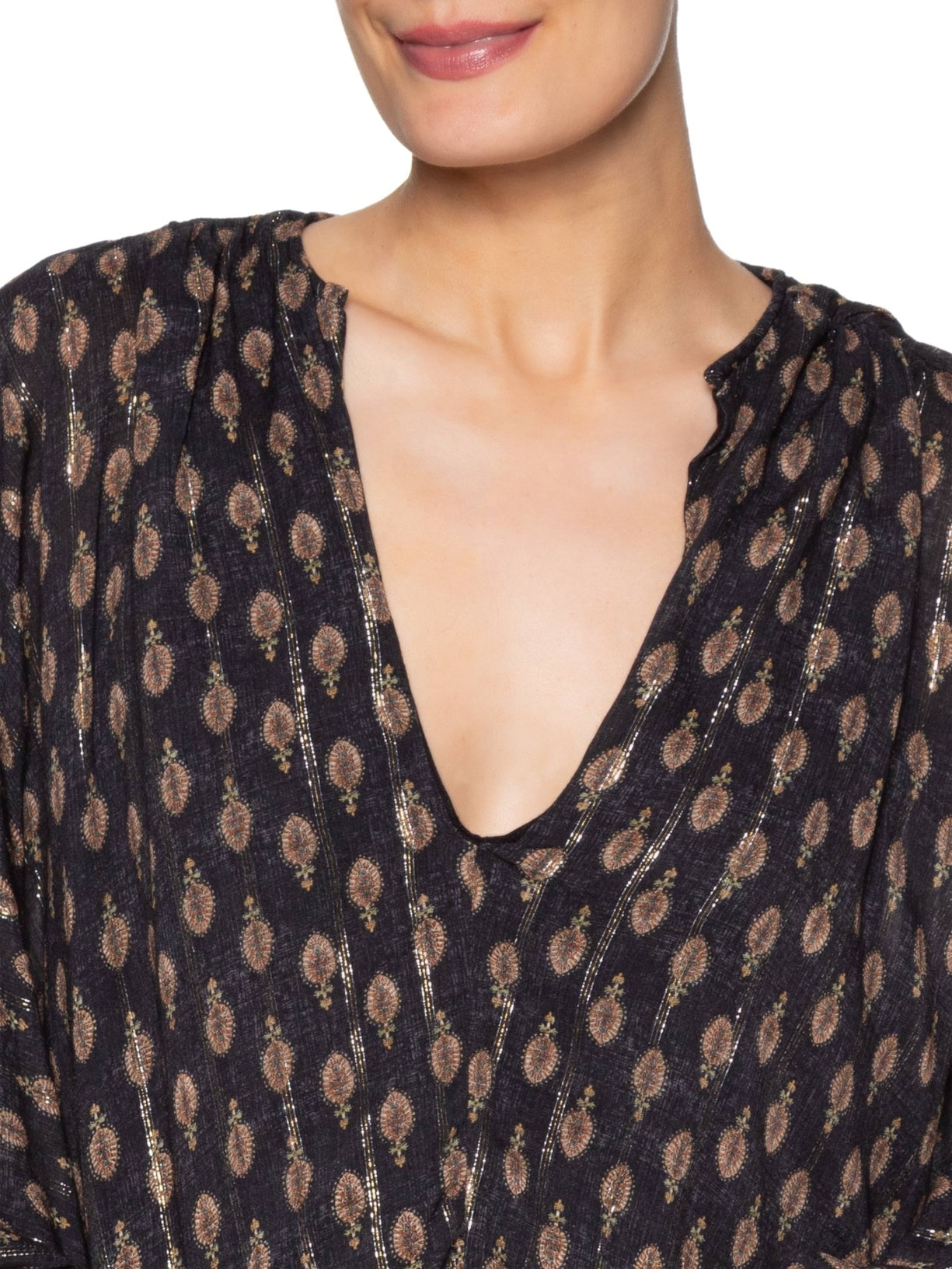 Blusa Feminina Manga Longa Estampa Jasmim Preto Maria Filó