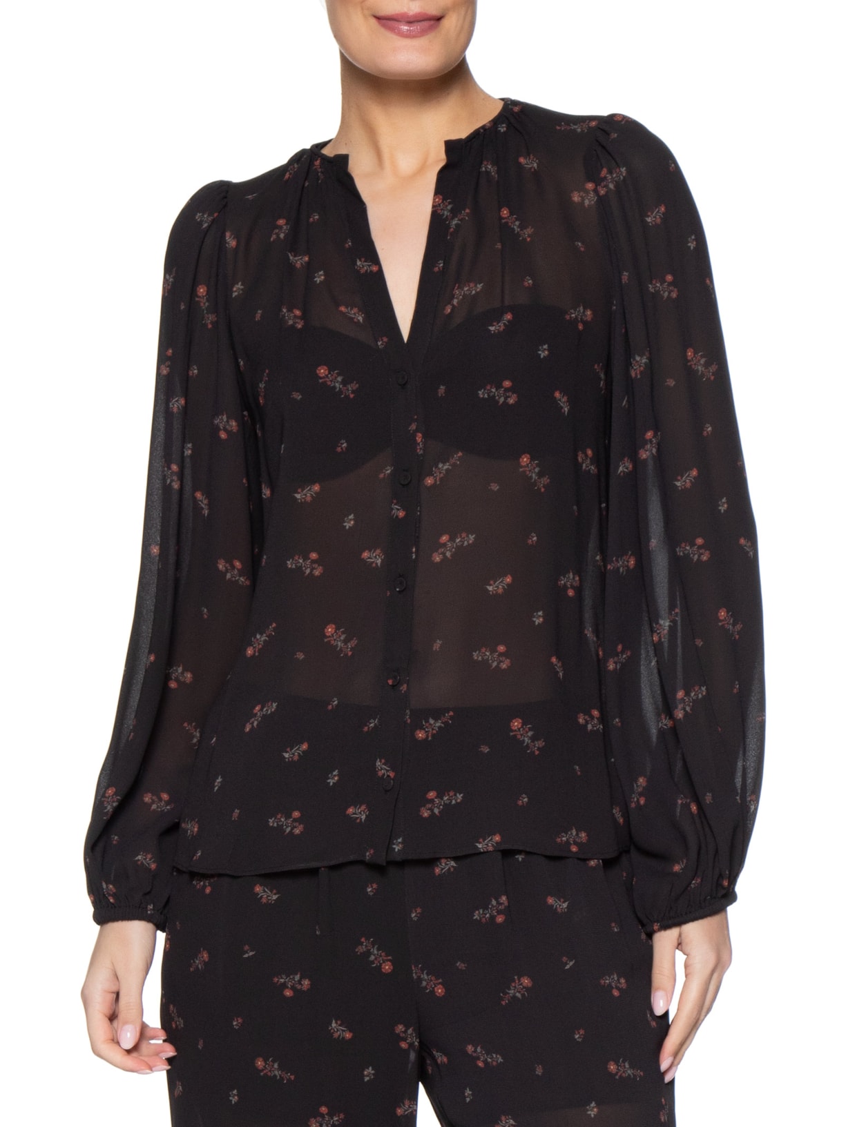 Blusa Feminina Manga Longa Estampa Lily Preto Maria Filó