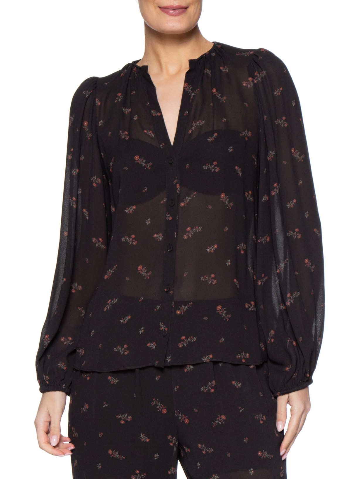 Blusa Feminina Manga Longa Estampa Lily Preto Maria Filó