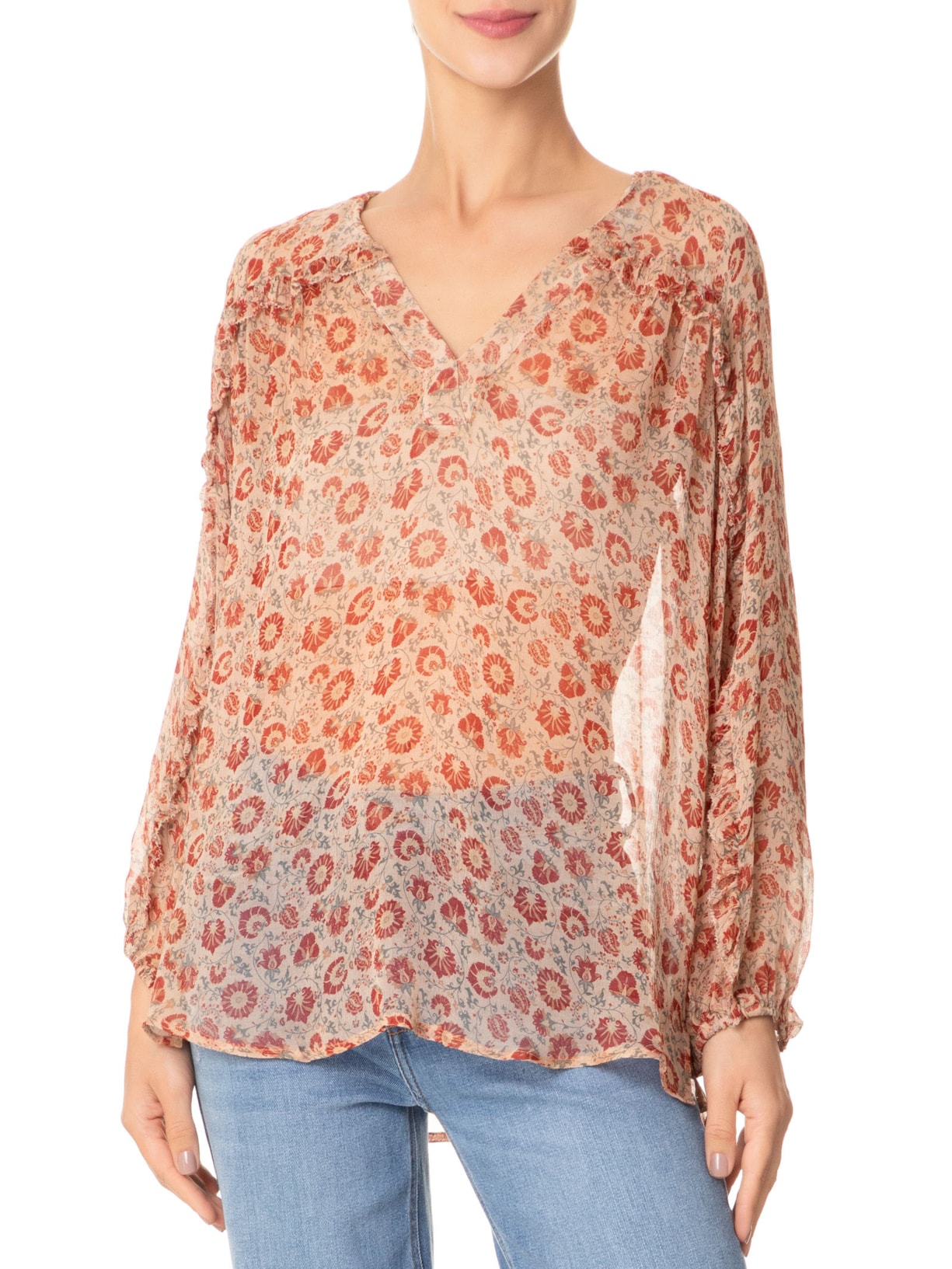 Blusa Feminina Manga Longa Estampa Suzani Rosa Maria Filó