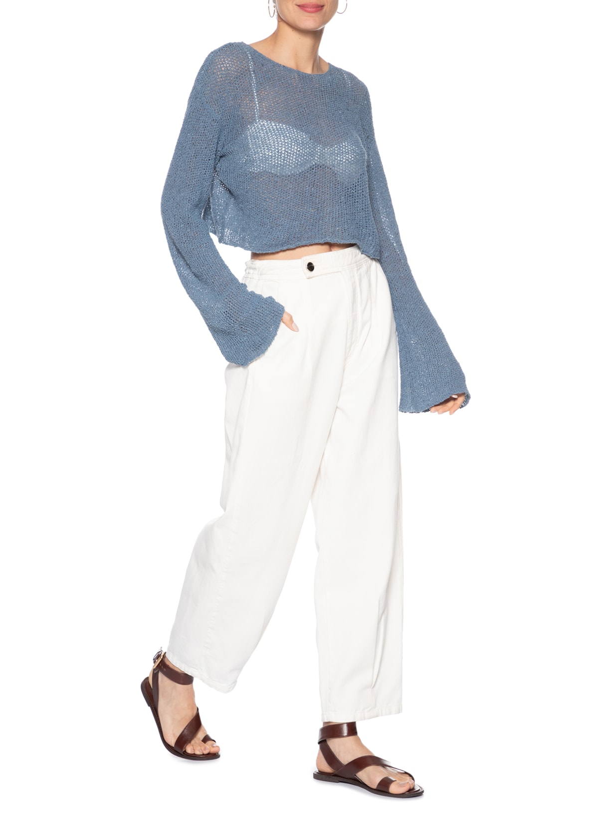 Blusa Feminina Manga Longa Flare Tricot Rede Azul Osklen