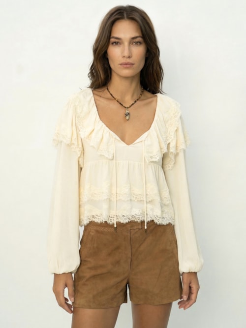 Blusa Feminina Manga Longa Ggt Renda - Off White