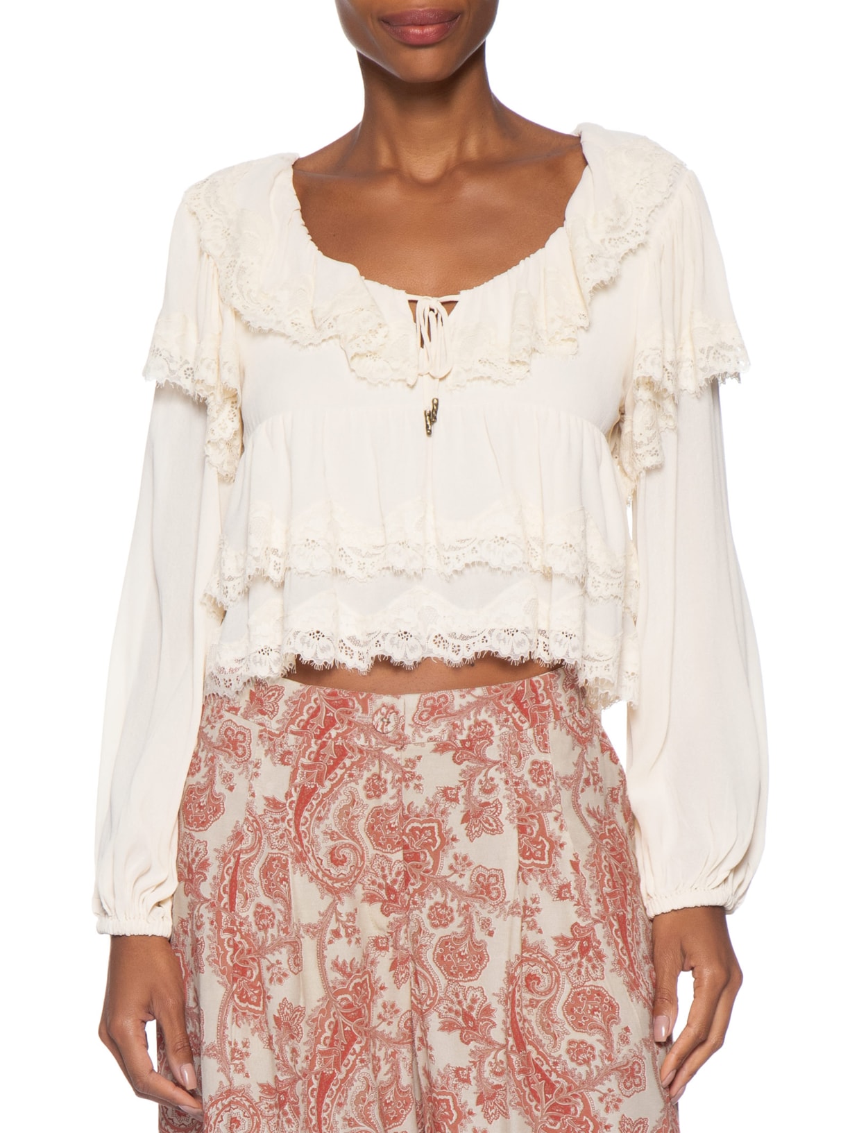 Blusa Feminina Manga Longa Ggt Renda Off White Maria Filó