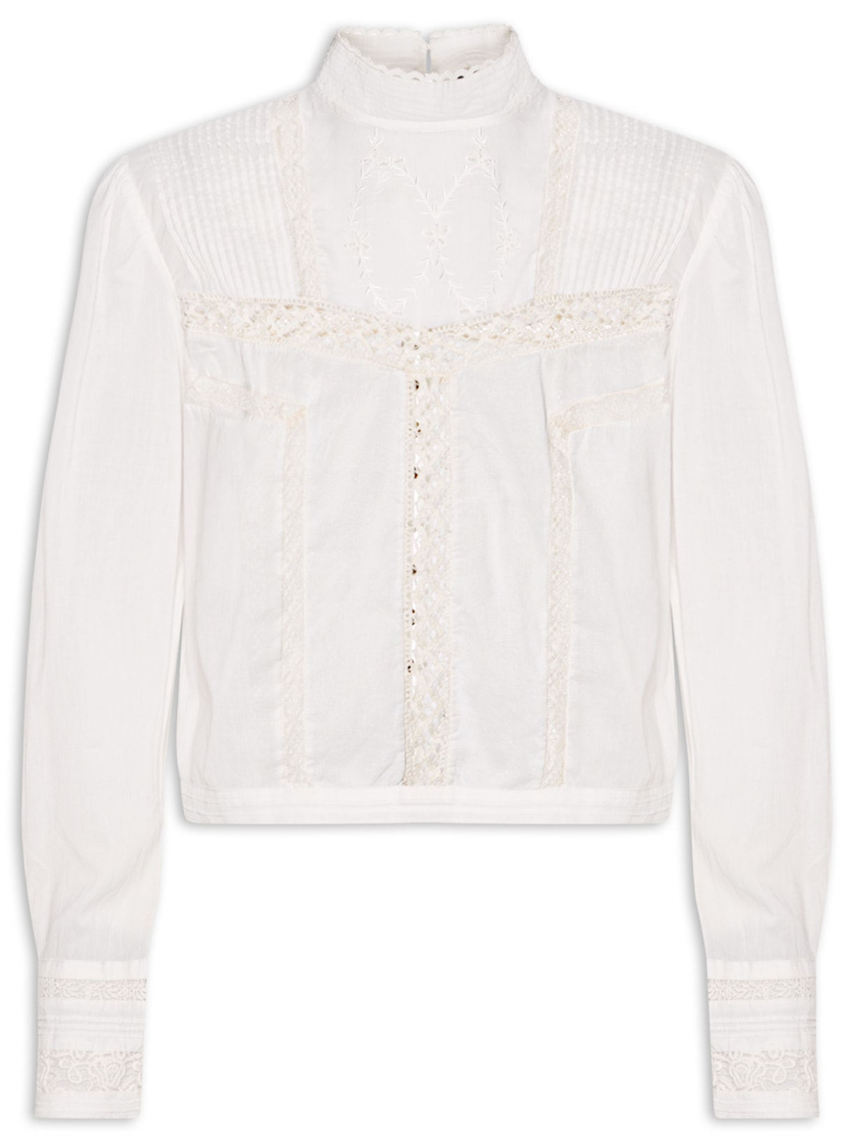 Blusa Feminina Manga Longa Gola Alta De Voil De Algodão Com Renda - Branco
