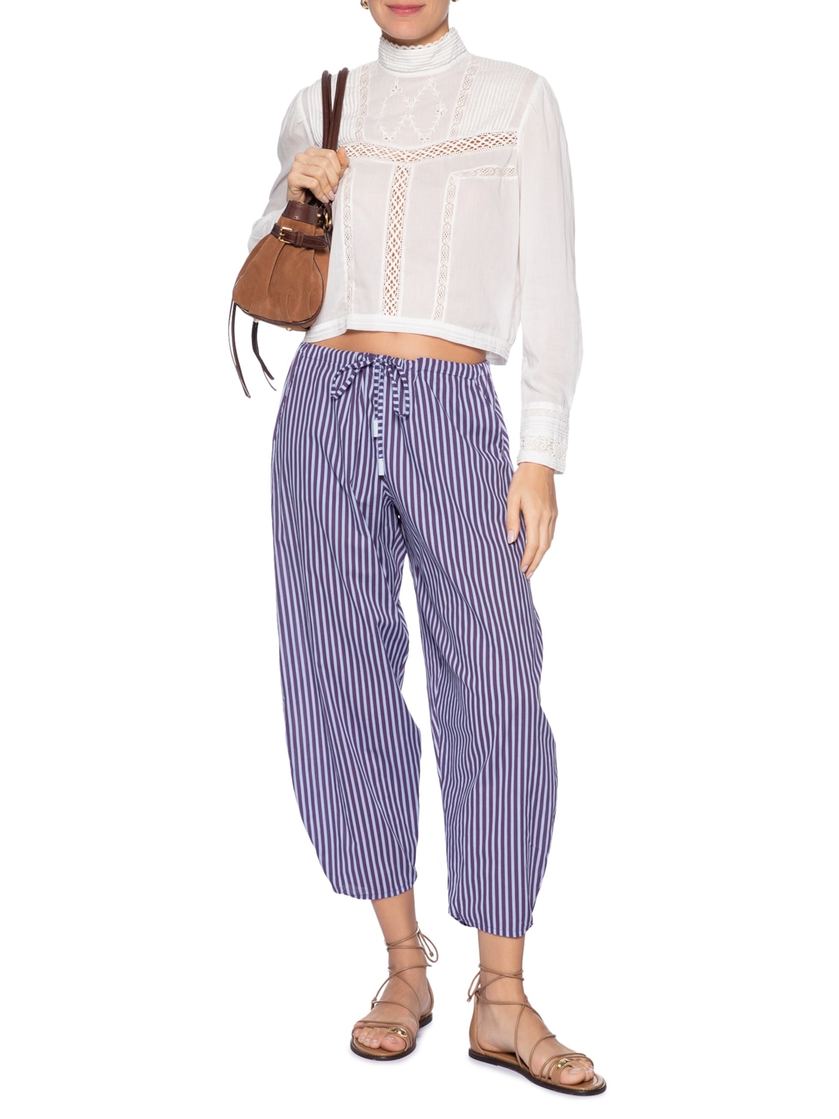 Blusa Feminina Manga Longa Gola Alta De Voil De Algodão Com Renda Branco Animale