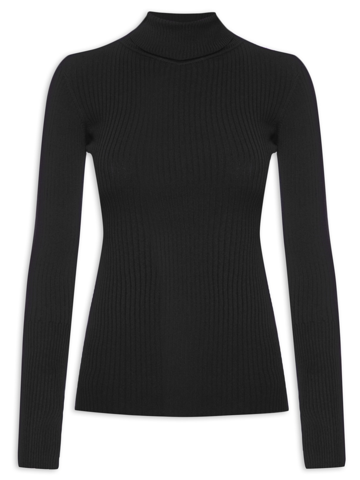 Blusa Feminina Manga Longa Gola Alta Tricot - Preto