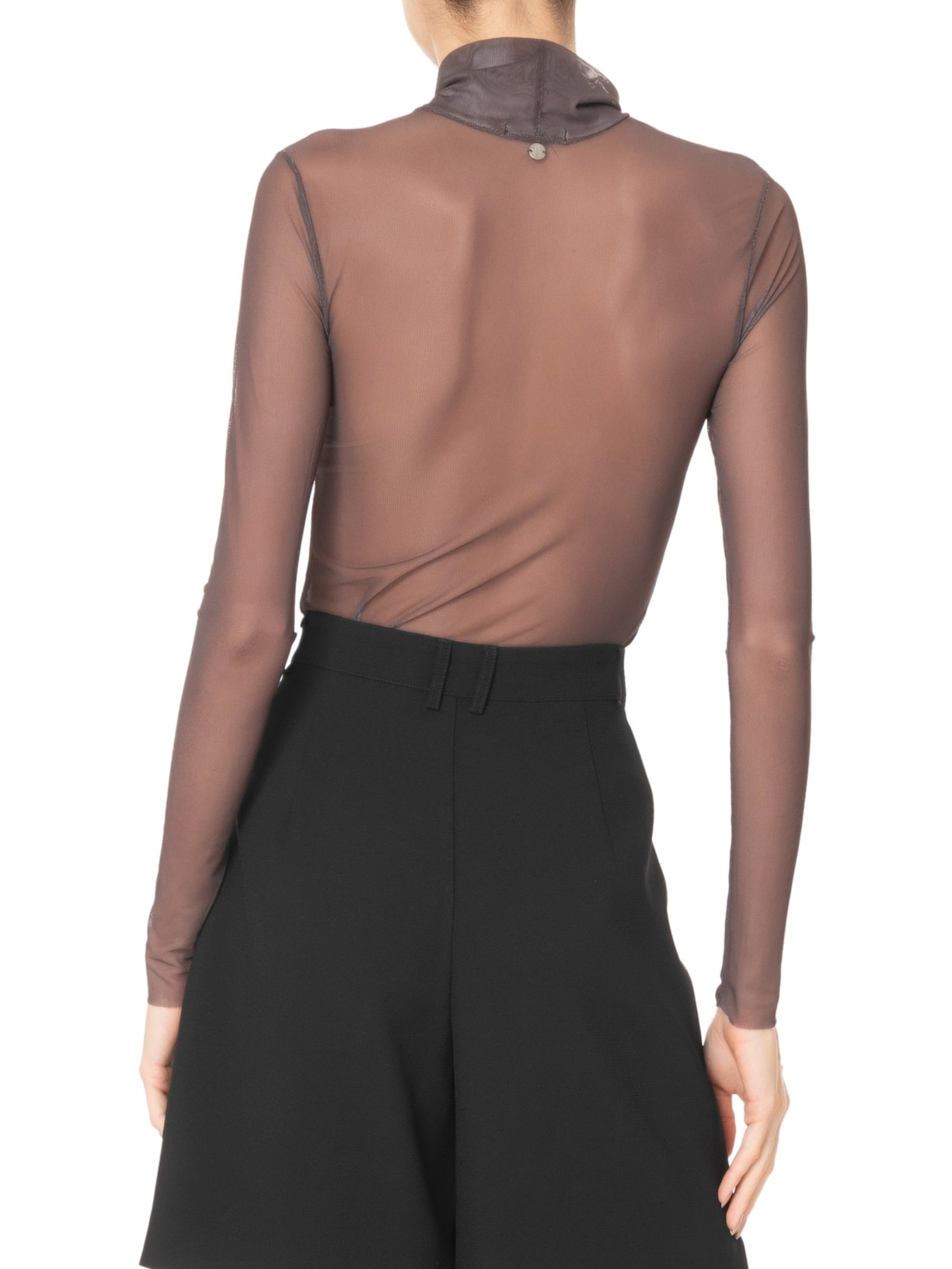 Blusa Feminina Manga Longa Gola Alta Tule Marrom Animale Jeans
