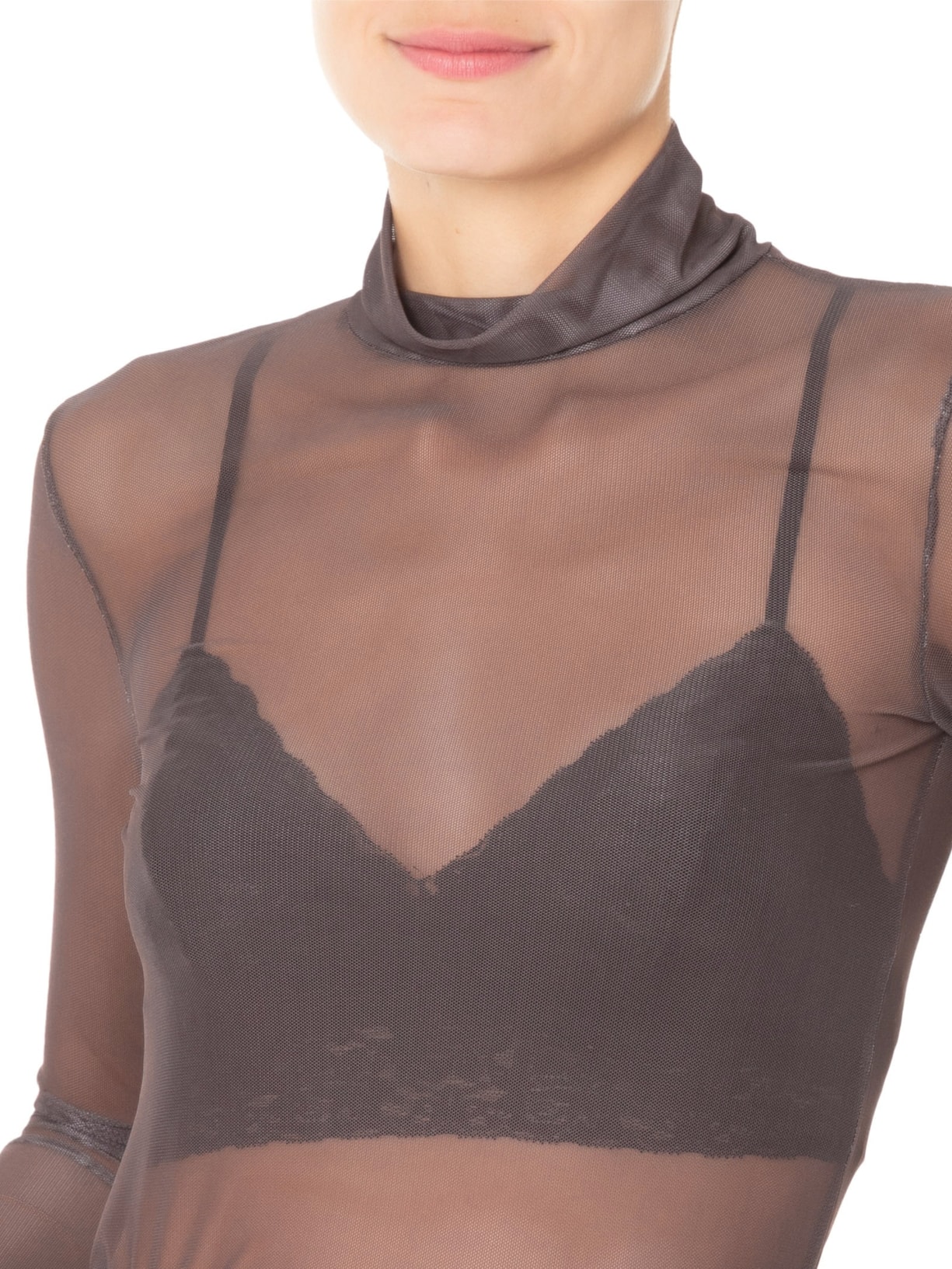 Blusa Feminina Manga Longa Gola Alta Tule Marrom Animale Jeans