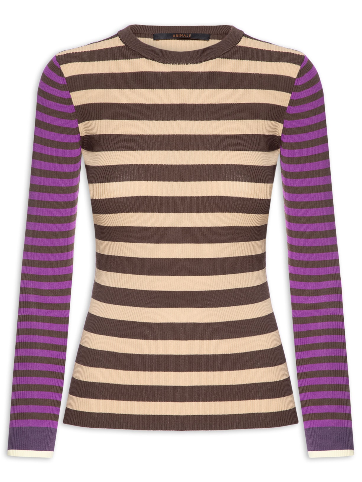 Blusa Feminina Manga Longa Listras Mix Color Marrom Animale